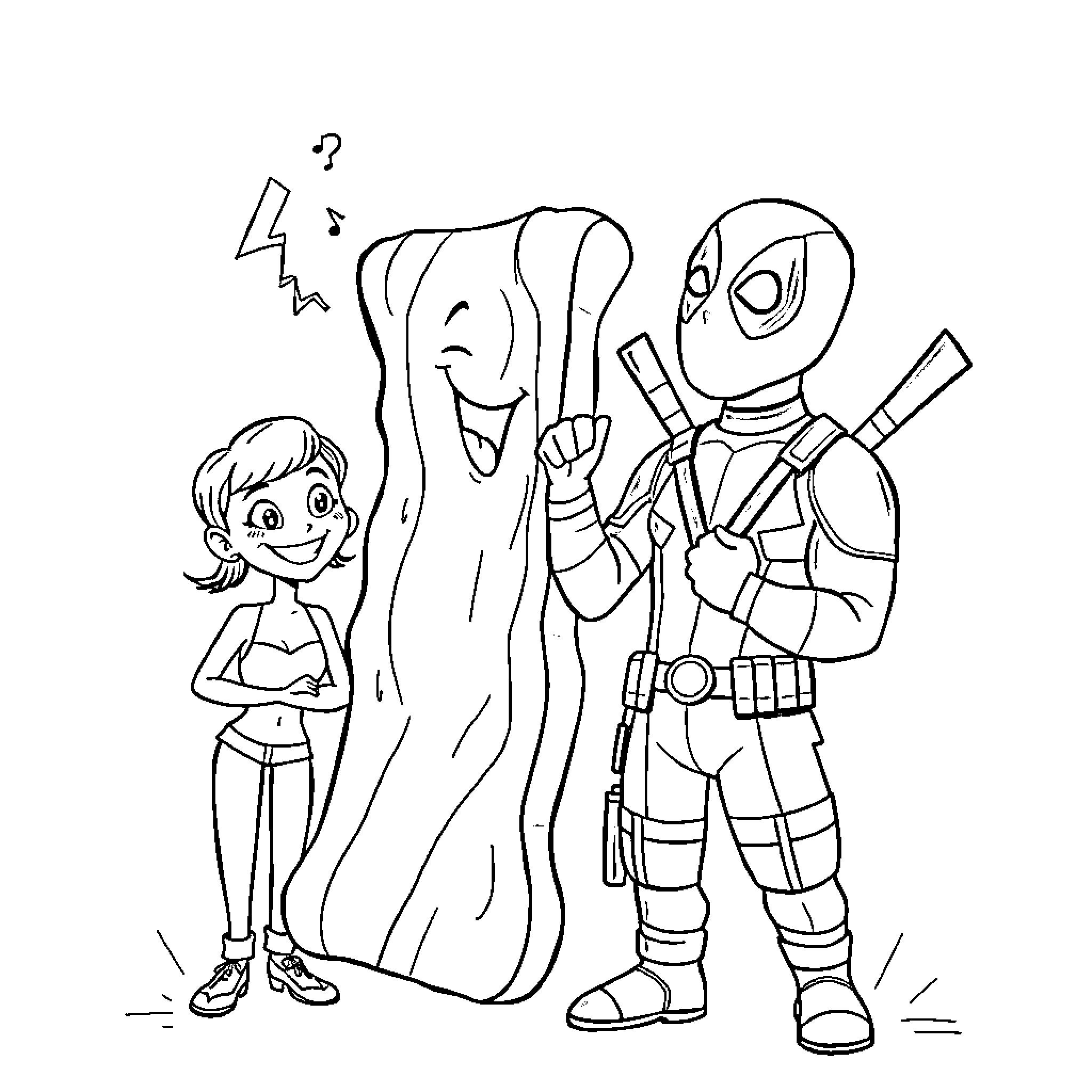 Bacon and Deadpool's Wacky Adventure Coloring Page (free black-and-white line drawing printable PDF for all, from beginners to advanced learners, including children, teens, adults, and seniors)