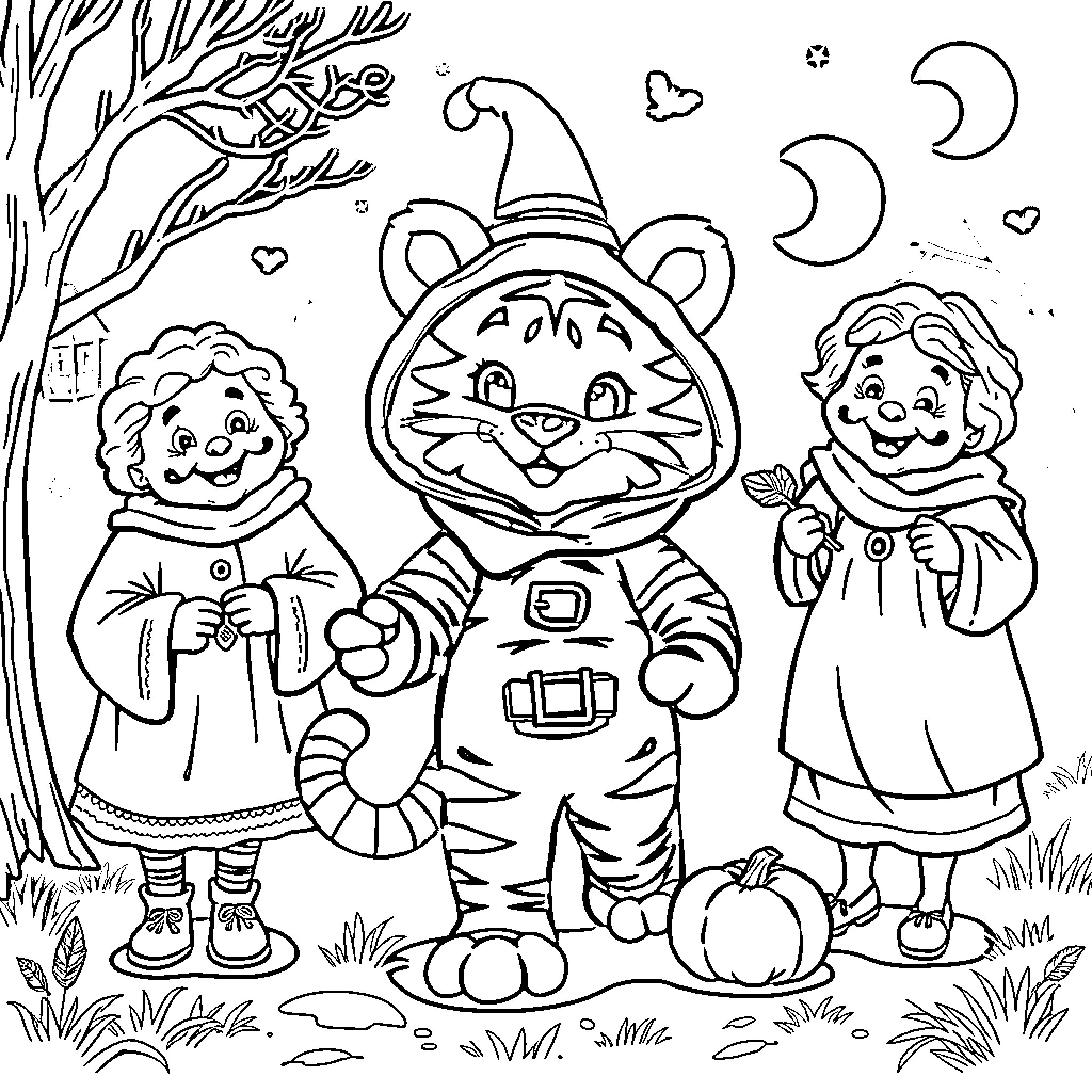 Tiger Trio in Whimsical Autumn Attire Coloring Page (free black-and-white line drawing printable PDF for all, from beginners to advanced learners, including children, teens, adults, and seniors)