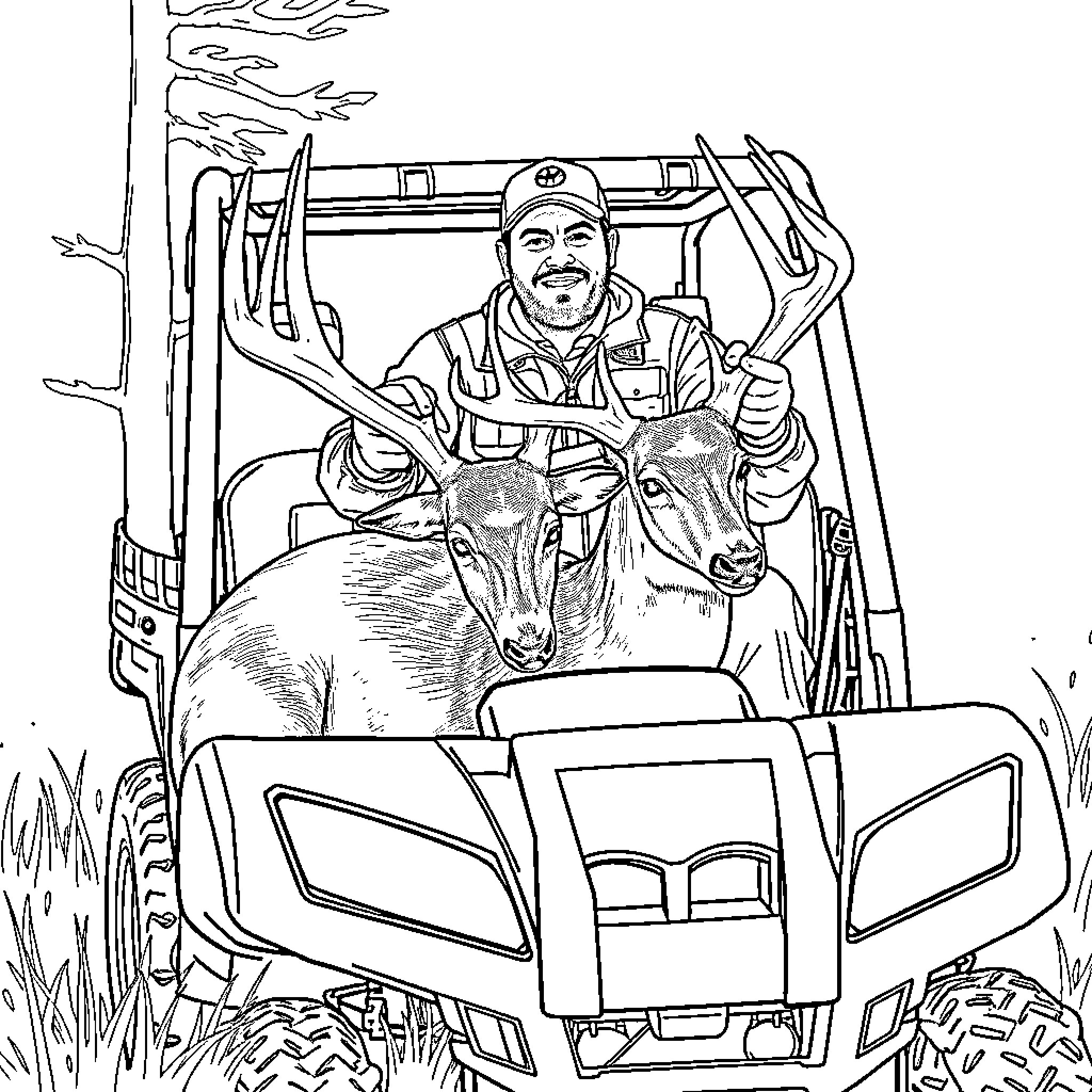 Hunter in Hunting Gear with Deer on ATV Coloring Page (free black-and-white line drawing printable PDF for all, from beginners to advanced learners, including children, teens, adults, and seniors)