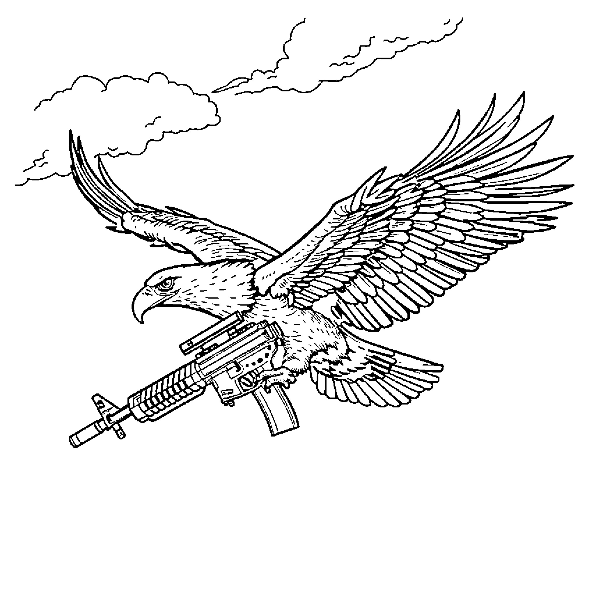 Bald Eagle in combat with automatic weapon Coloring Page (free black-and-white line drawing printable PDF for all, from beginners to advanced learners, including children, teens, adults, and seniors)