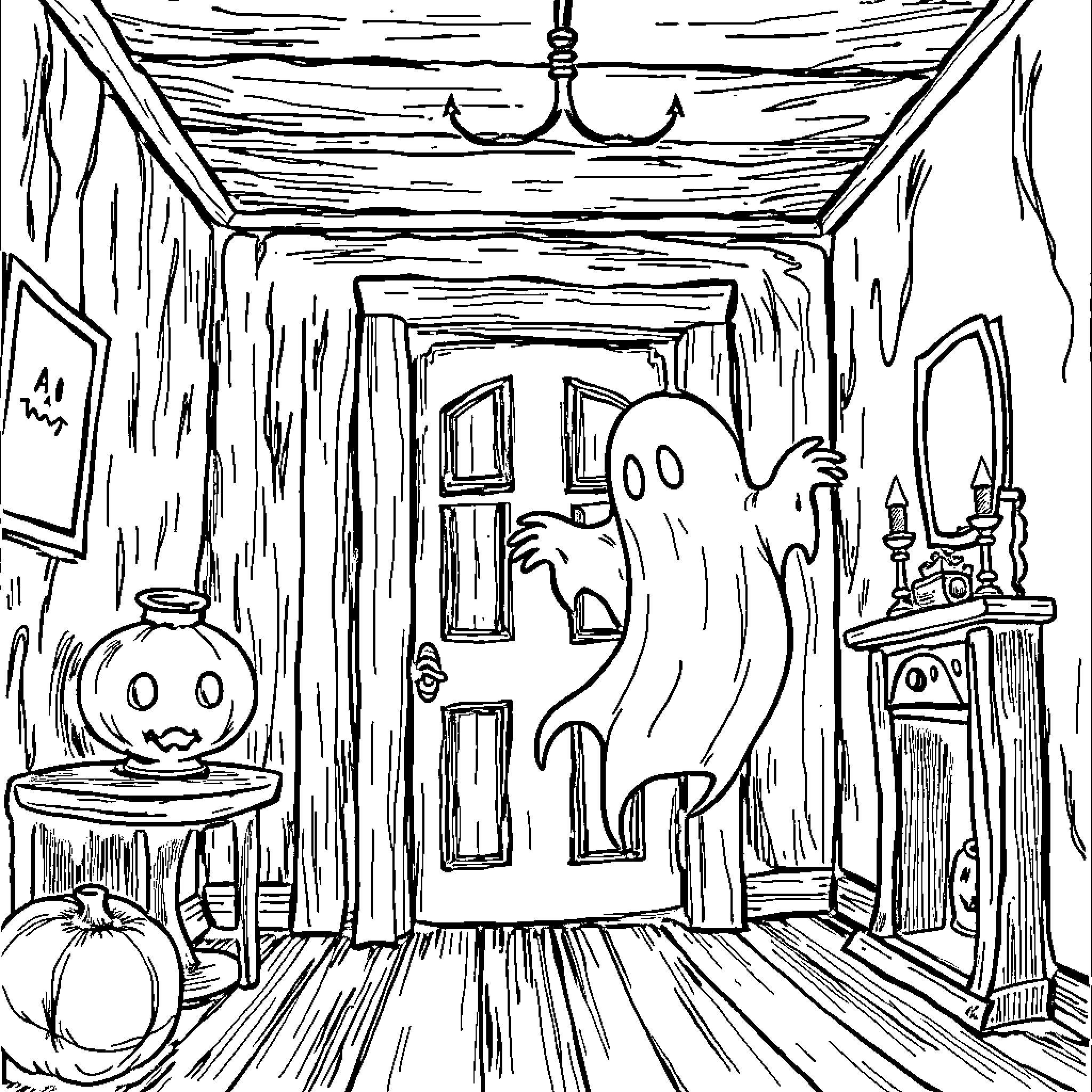 Ghost playing tricks in haunted hallway Coloring Page (free black-and-white line drawing printable PDF for all, from beginners to advanced learners, including children, teens, adults, and seniors)