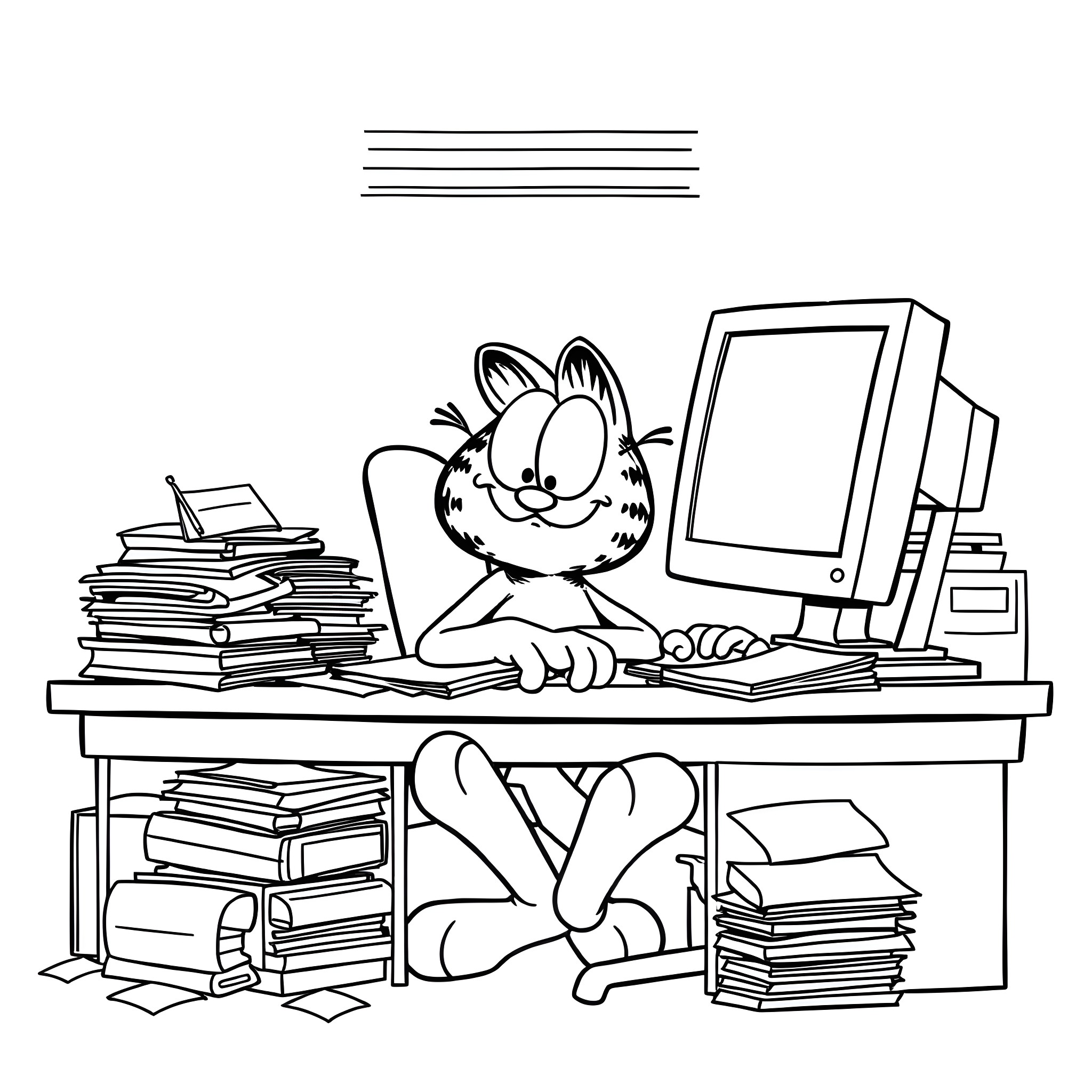 Garfield relaxing at a messy desk with electronics Coloring Page (free black-and-white line drawing printable PDF for all, from beginners to advanced learners, including children, teens, adults, and seniors)