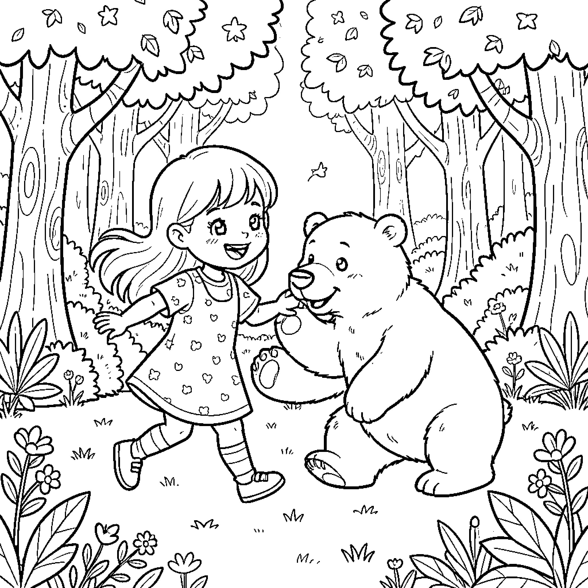 Marsha and Bear Playing in the Enchanted Forest Coloring Page (free black-and-white line drawing printable PDF for all, from beginners to advanced learners, including children, teens, adults, and seniors)