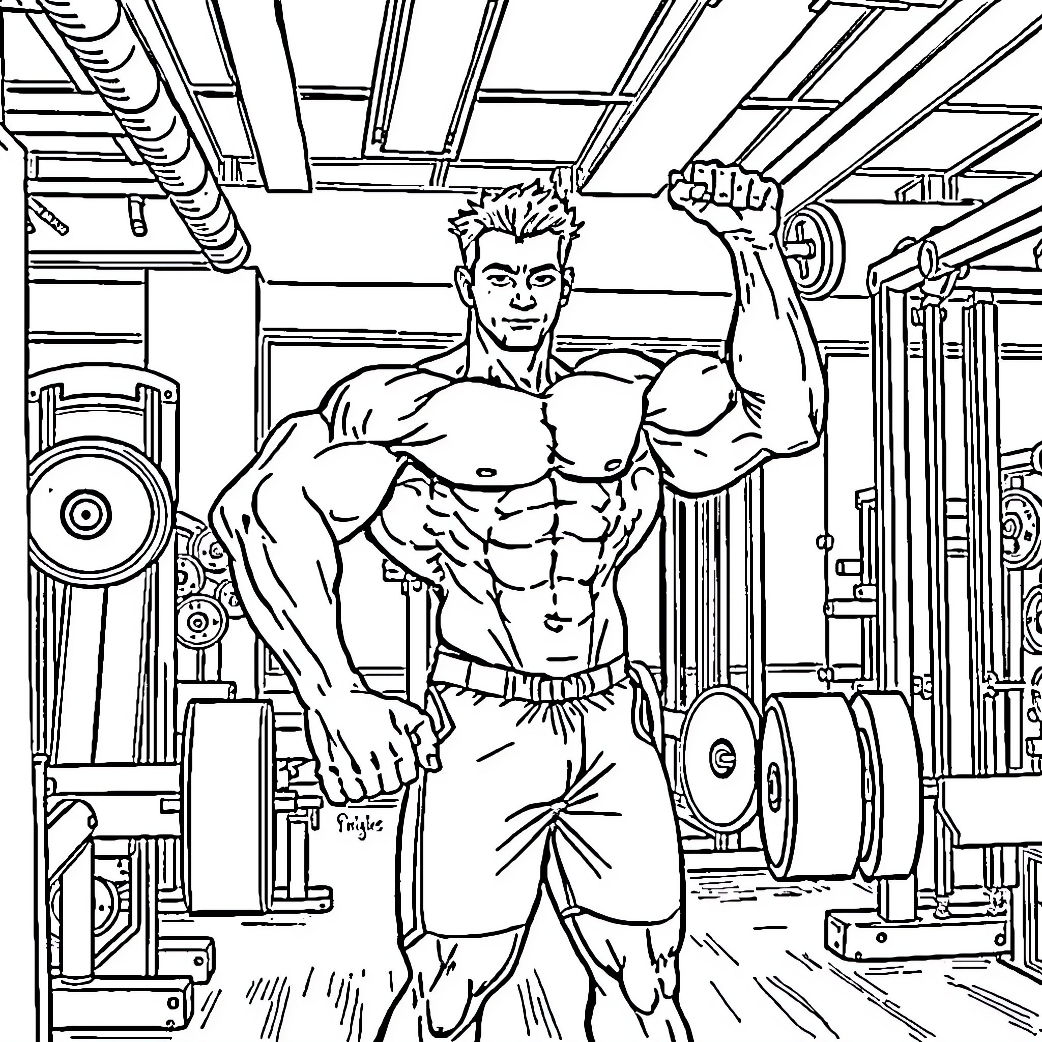 Muscle Man Flexing in Gym Workout Coloring Page (free black-and-white line drawing printable PDF for all, from beginners to advanced learners, including children, teens, adults, and seniors)