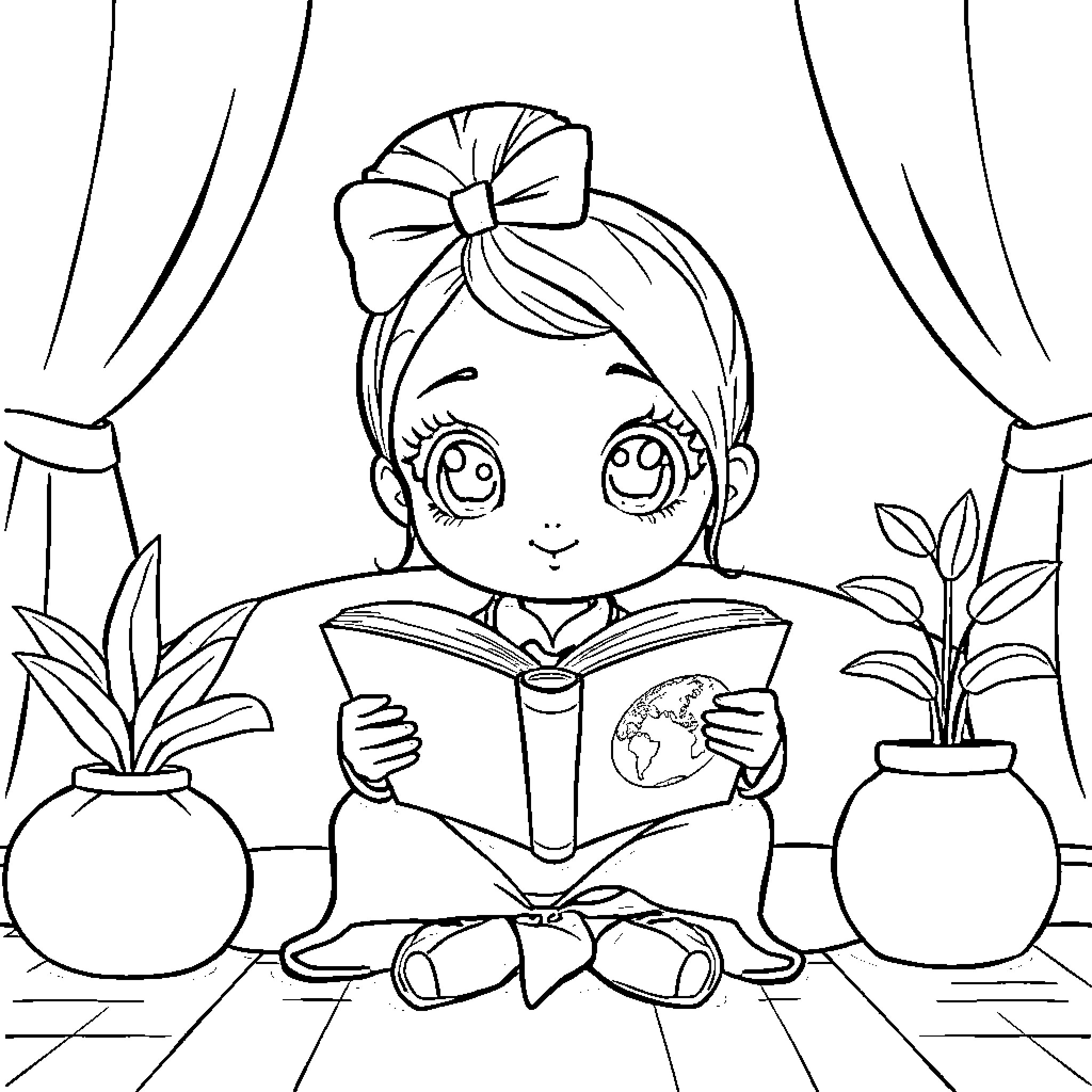 Kawaii Girl Reading a Book with Curiosity Coloring Page (free black-and-white line drawing printable PDF for all, from beginners to advanced learners, including children, teens, adults, and seniors)