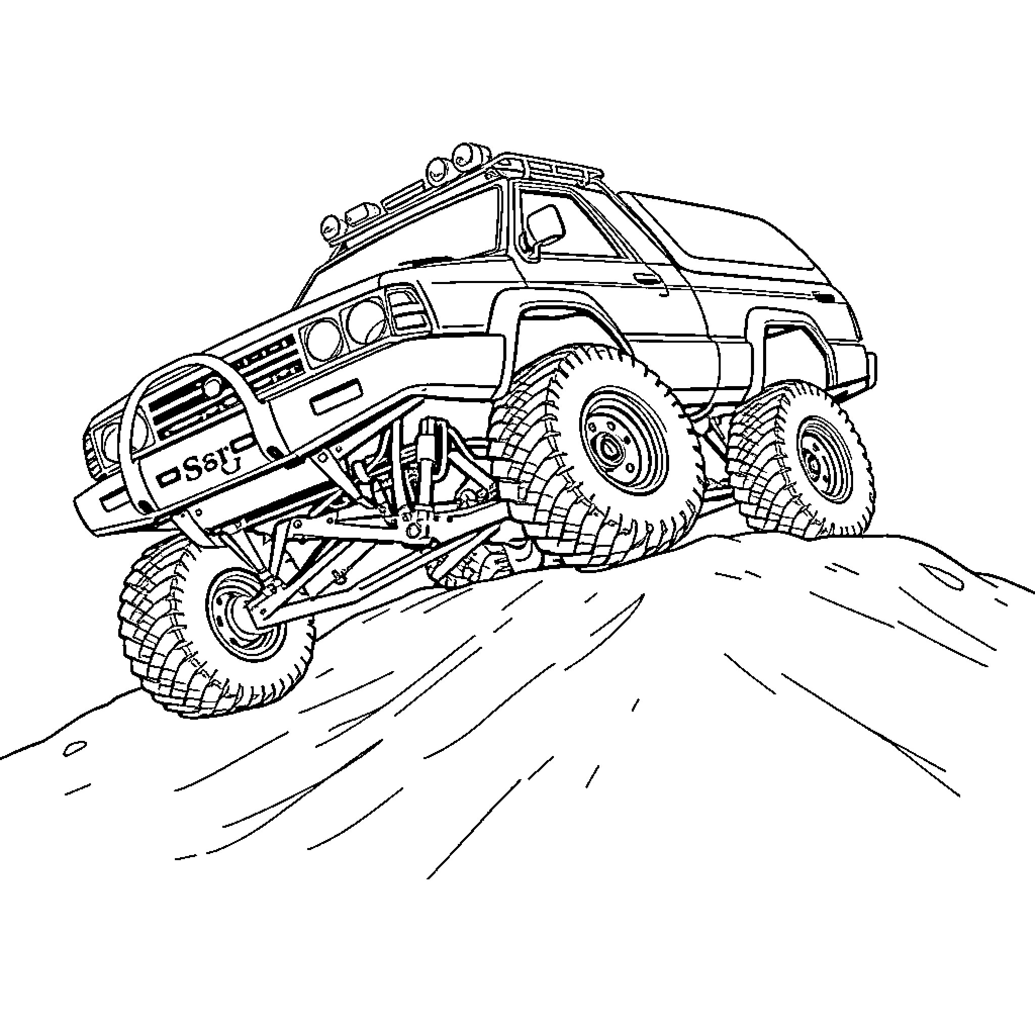 Hilux off-road adventure on rugged terrain Coloring Page (free black-and-white line drawing printable PDF for all, from beginners to advanced learners, including children, teens, adults, and seniors)