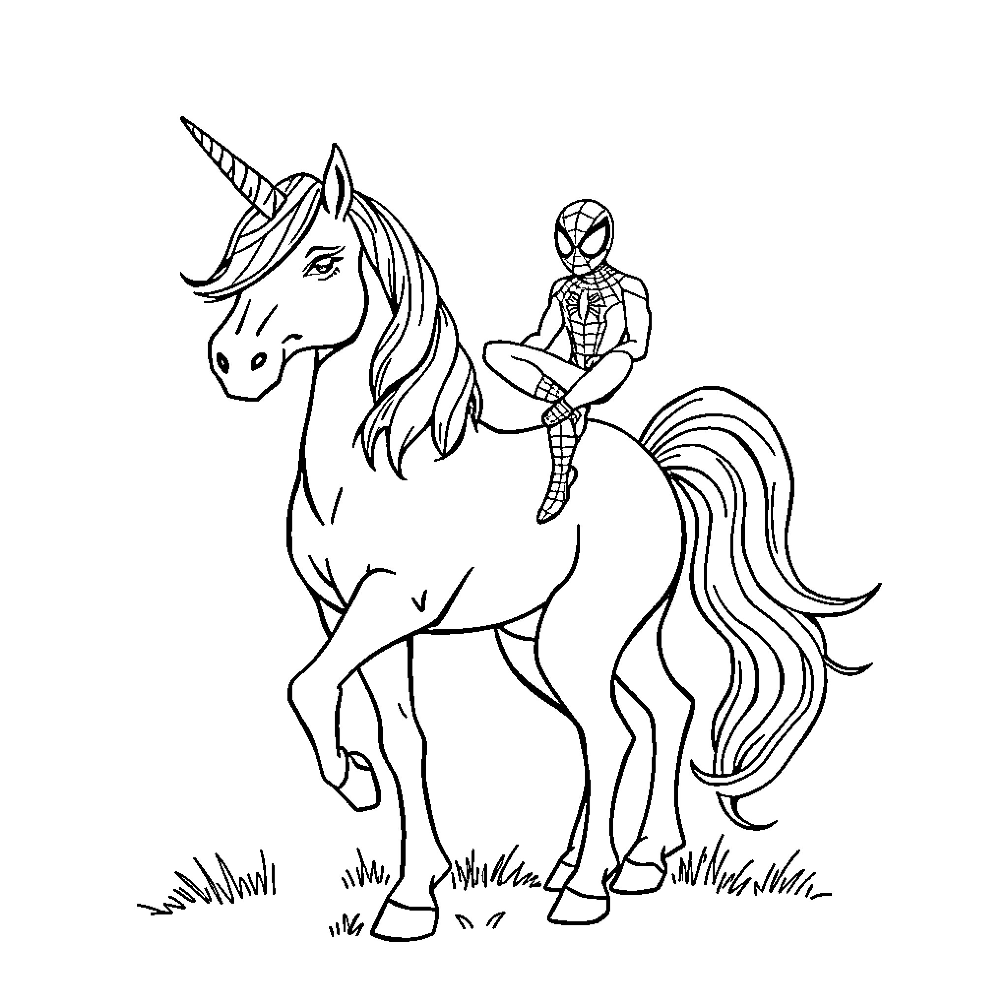 Unicorn carrying a superhero through the meadow Coloring Page (free black-and-white line drawing printable PDF for all, from beginners to advanced learners, including children, teens, adults, and seniors)