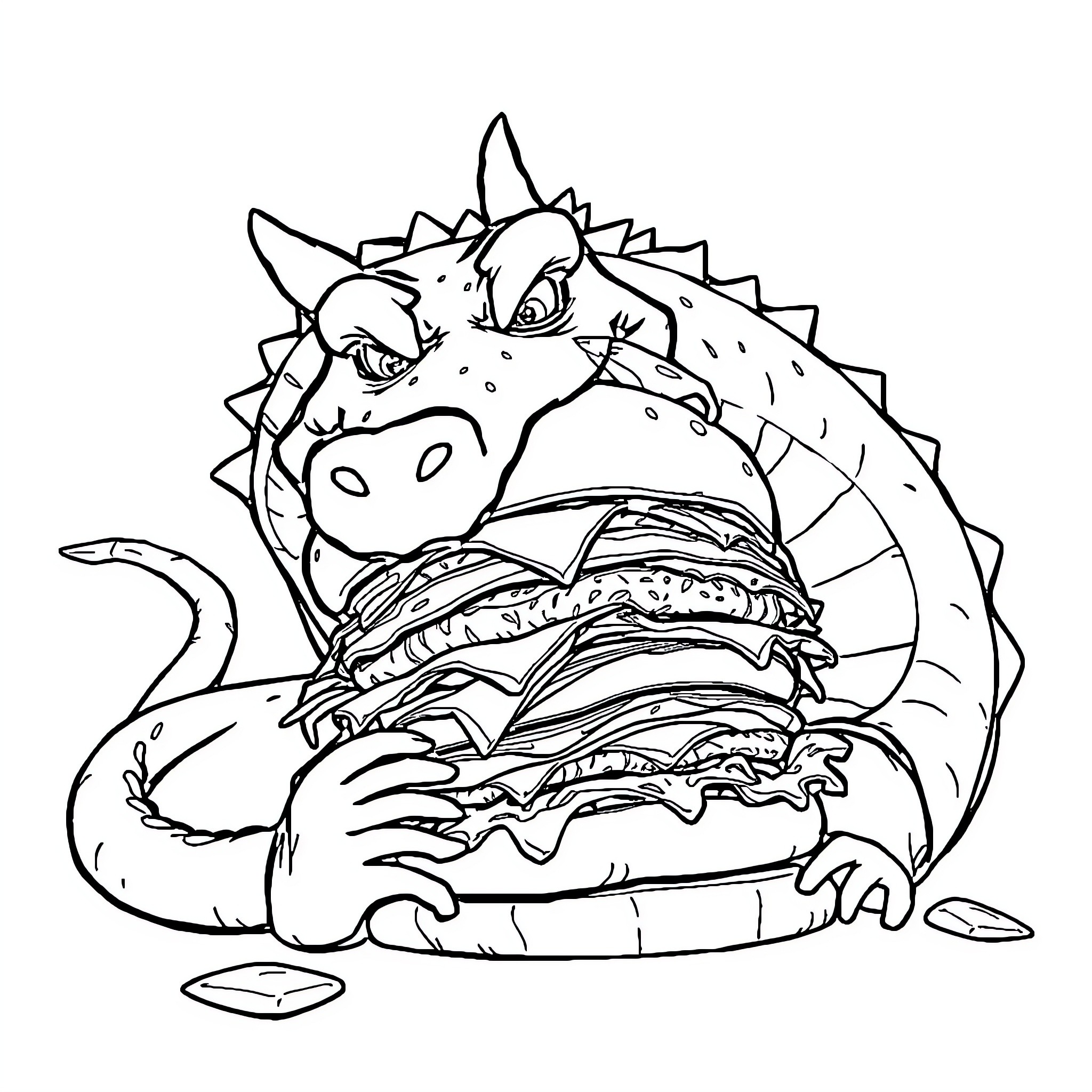 Drago the Ravenous Dragon Devouring a Colossal Burger Coloring Page (free black-and-white line drawing printable PDF for all, from beginners to advanced learners, including children, teens, adults, and seniors)