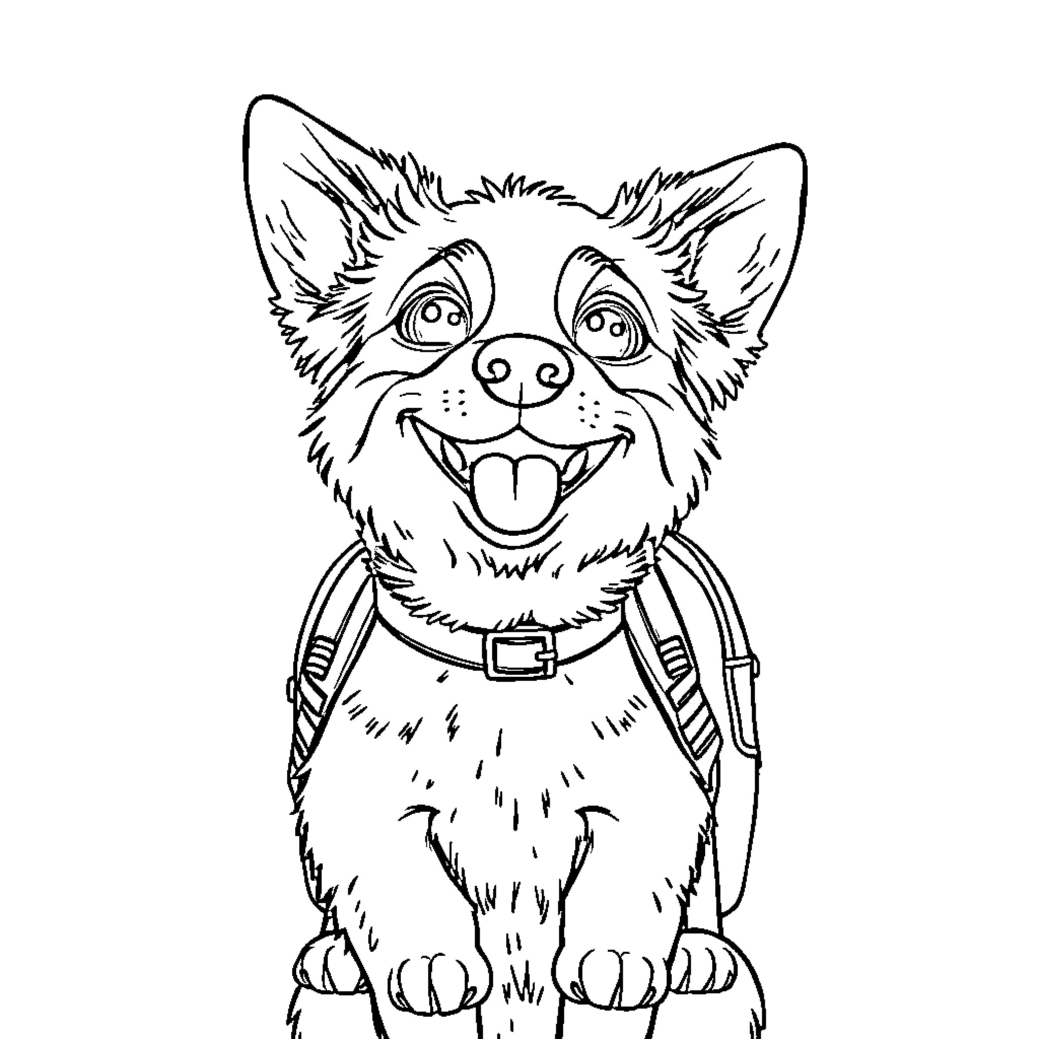 Dog with Backpack Smiling Happily Coloring Page (free black-and-white line drawing printable PDF for all, from beginners to advanced learners, including children, teens, adults, and seniors)