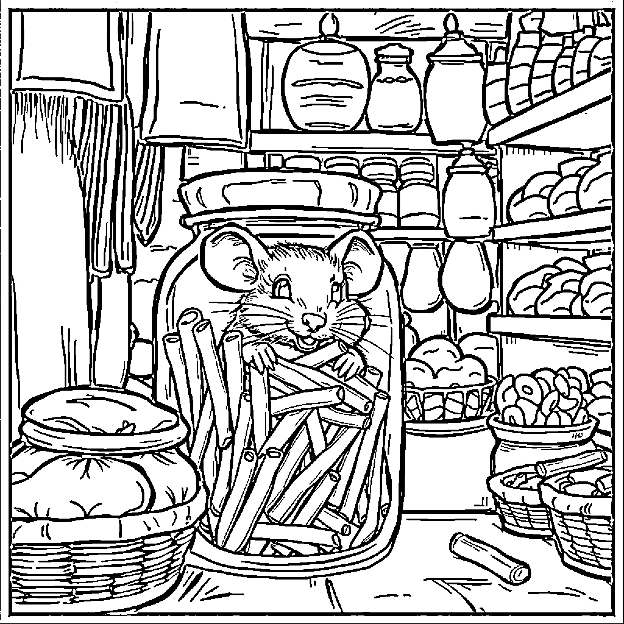 Rat exploring the store shelves Coloring Page (free black-and-white line drawing printable PDF for all, from beginners to advanced learners, including children, teens, adults, and seniors)