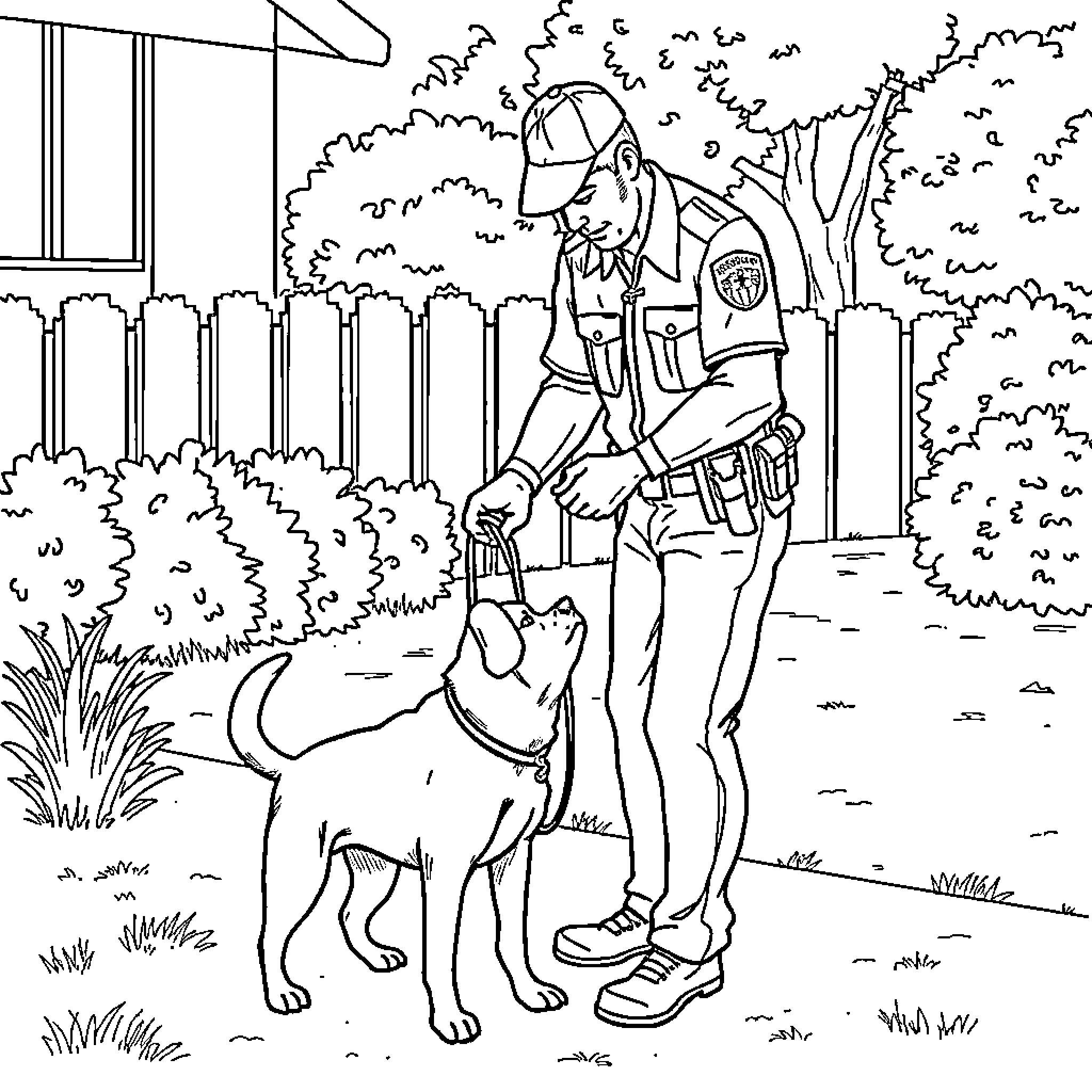 Dog assisting police officer in outdoor setting Coloring Page (free black-and-white line drawing printable PDF for all, from beginners to advanced learners, including children, teens, adults, and seniors)