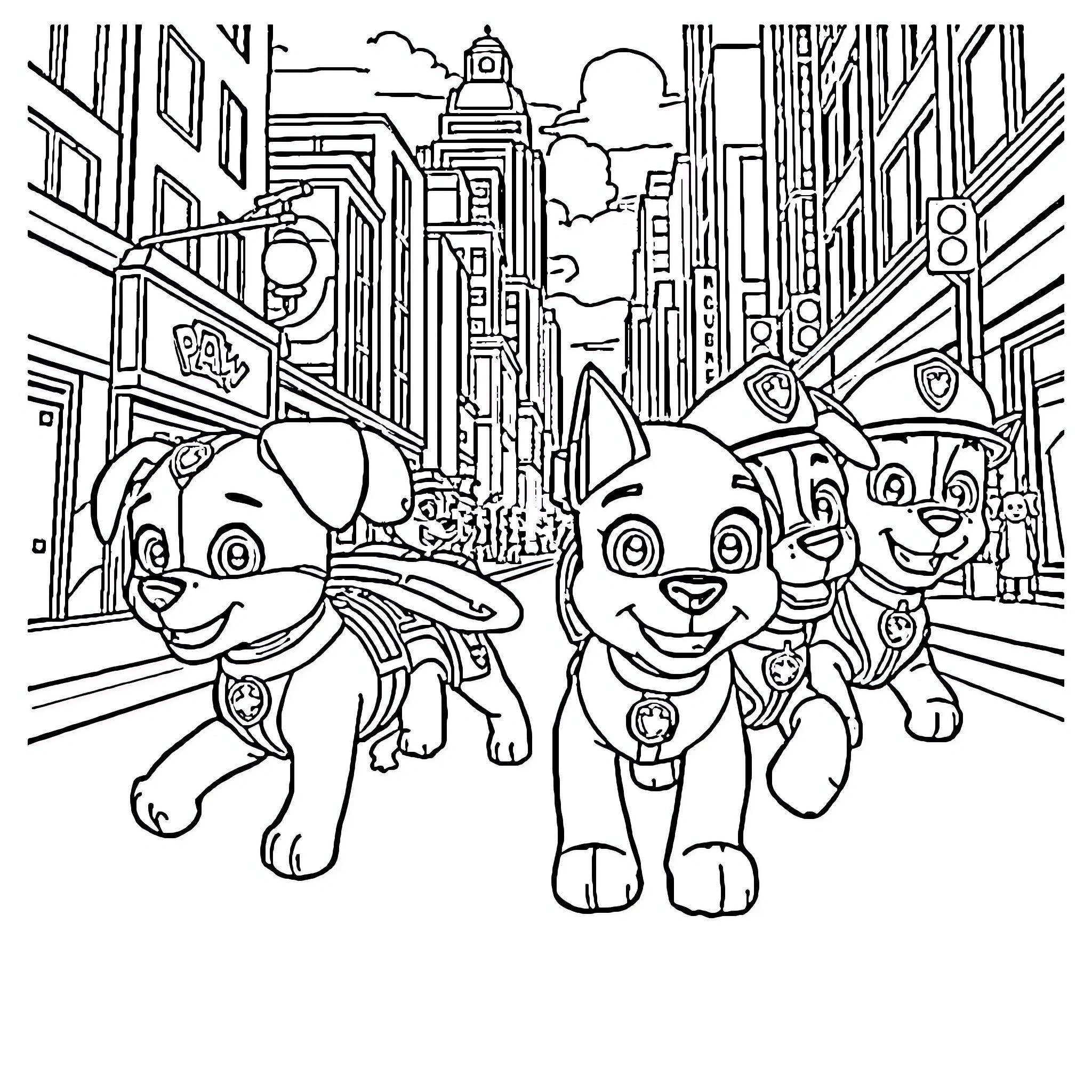 Paw Patrol Pups on Patrol in the City Coloring Page (free black-and-white line drawing printable PDF for all, from beginners to advanced learners, including children, teens, adults, and seniors)