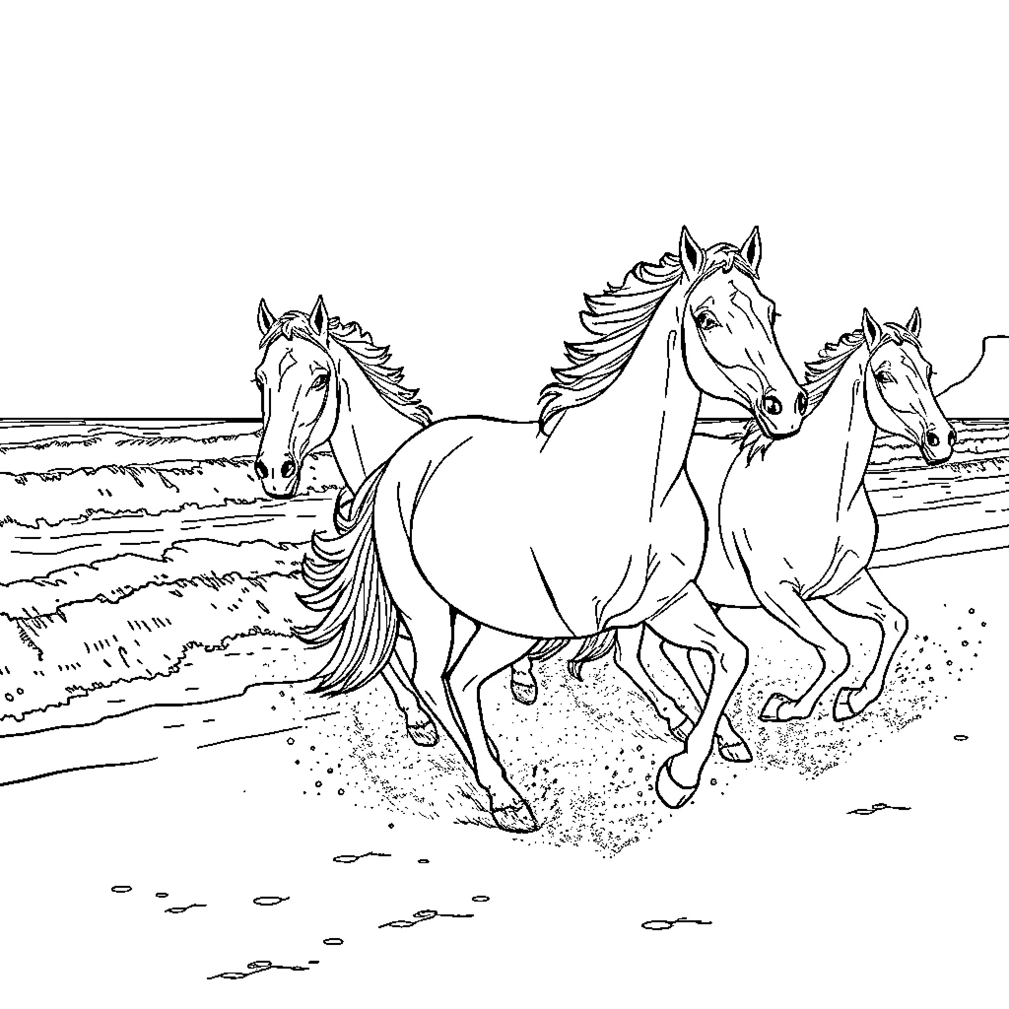 Horse Running Freely on Countryside Landscape Coloring Page (free black-and-white line drawing printable PDF for all, from beginners to advanced learners, including children, teens, adults, and seniors)