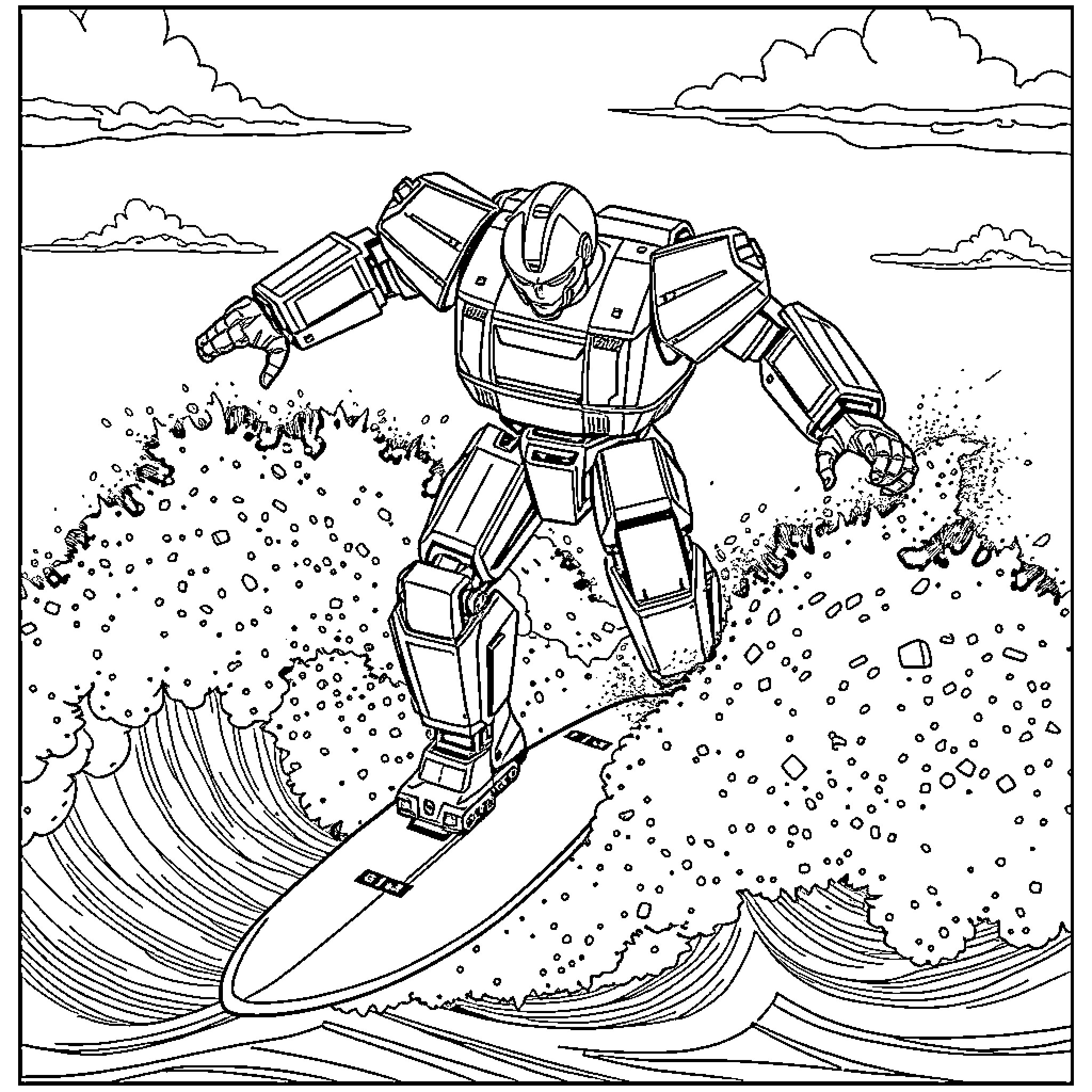 Robot Surfing on Waves with Clouds Coloring Page (free black-and-white line drawing printable PDF for all, from beginners to advanced learners, including children, teens, adults, and seniors)