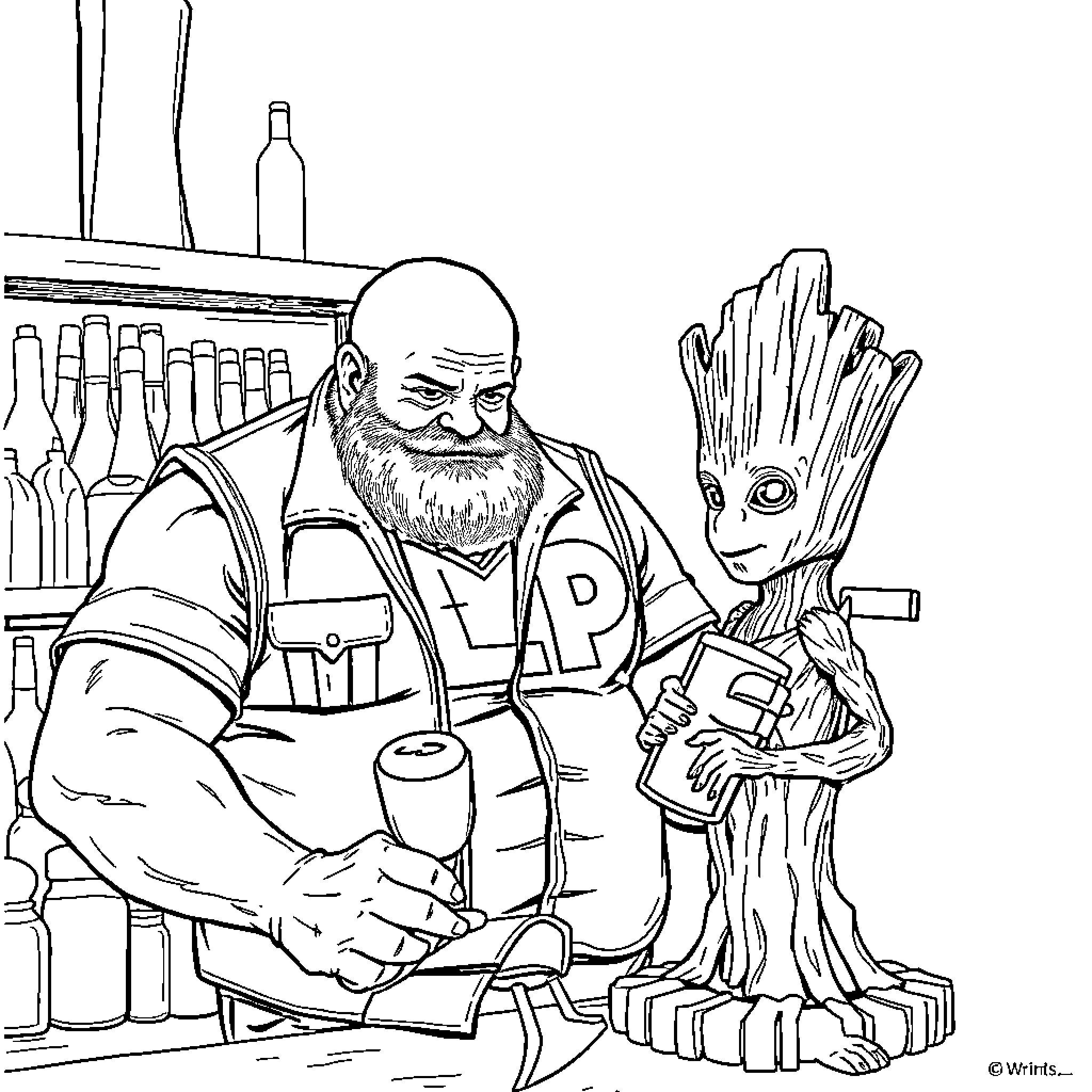 Guy in Overalls Interacting with Anthropomorphic Tree Coloring Page (free black-and-white line drawing printable PDF for all, from beginners to advanced learners, including children, teens, adults, and seniors)