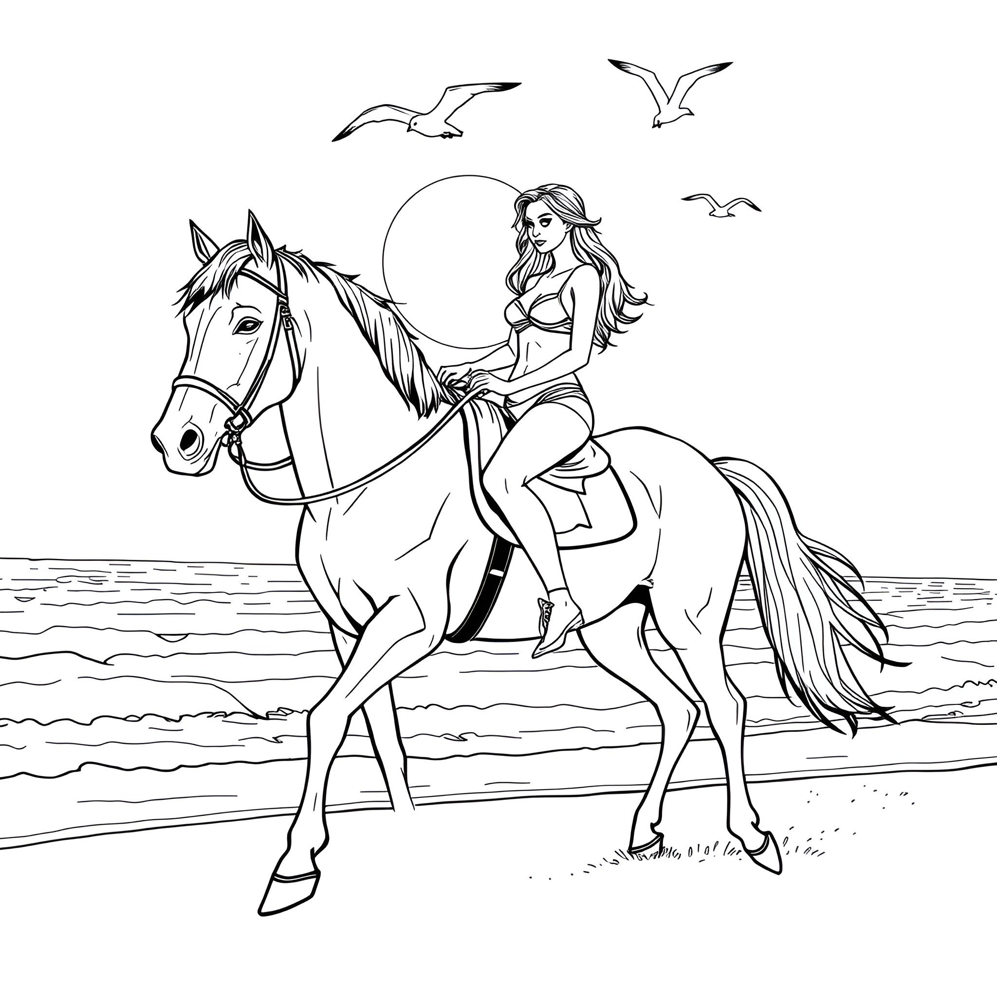 Woman riding horse along the beach Coloring Page (free black-and-white line drawing printable PDF for all, from beginners to advanced learners, including children, teens, adults, and seniors)