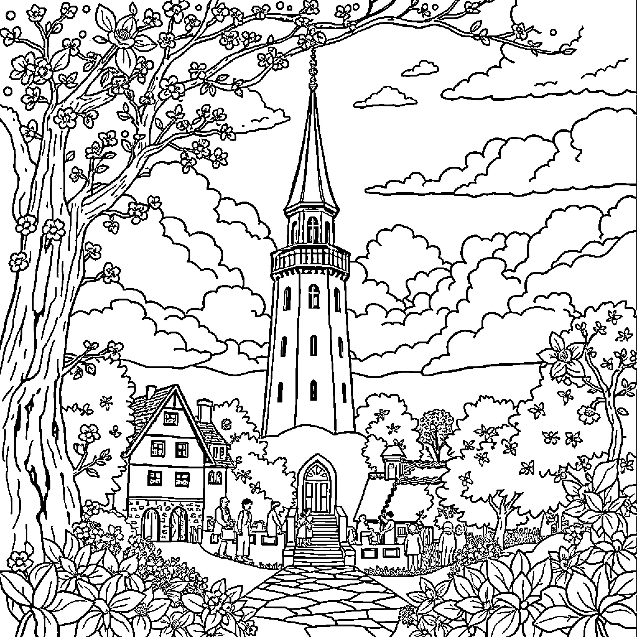 Moon Tower amidst a quaint village scene Coloring Page (free black-and-white line drawing printable PDF for all, from beginners to advanced learners, including children, teens, adults, and seniors)