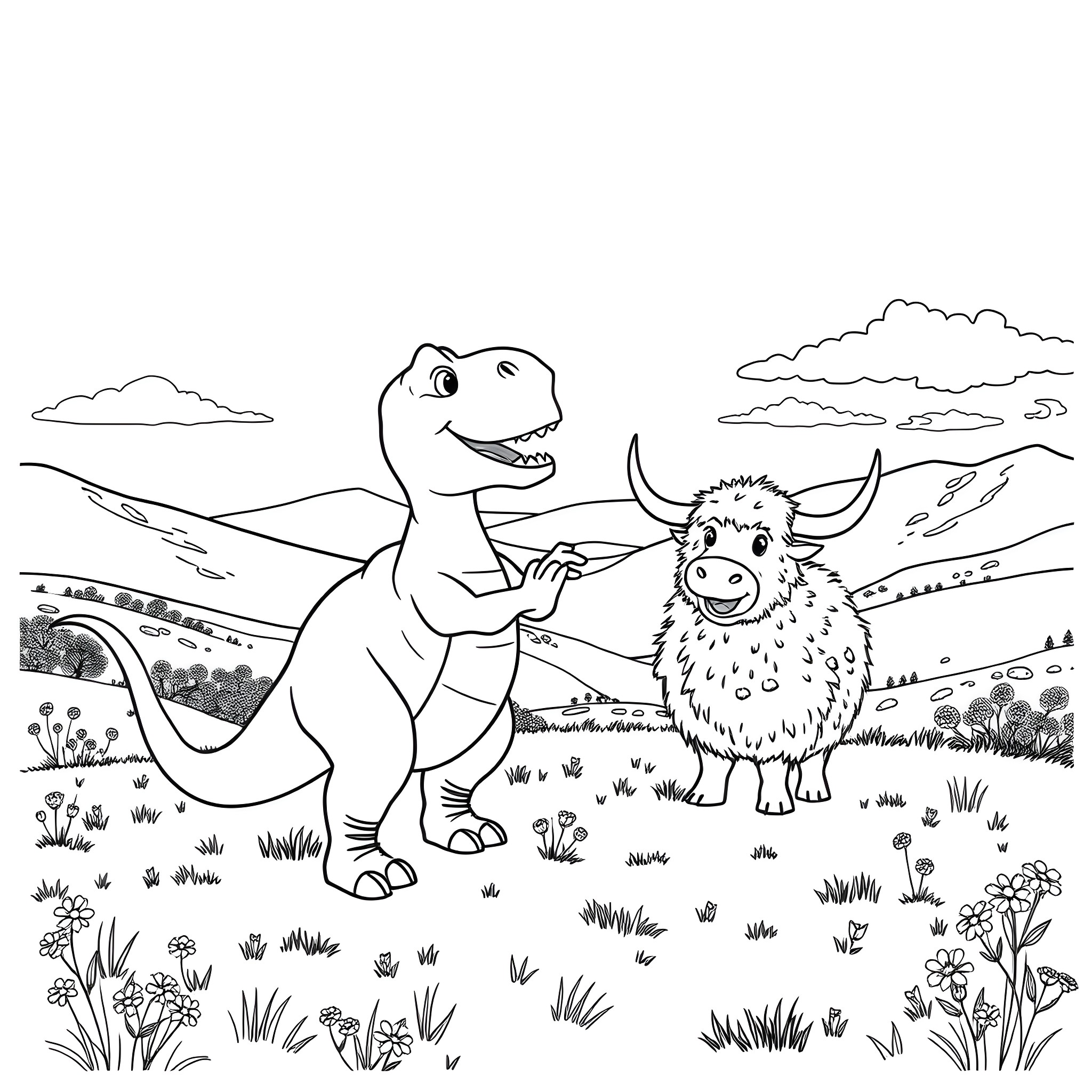 Barney and Yak Playing in the Meadow Coloring Page (free black-and-white line drawing printable PDF for all, from beginners to advanced learners, including children, teens, adults, and seniors)