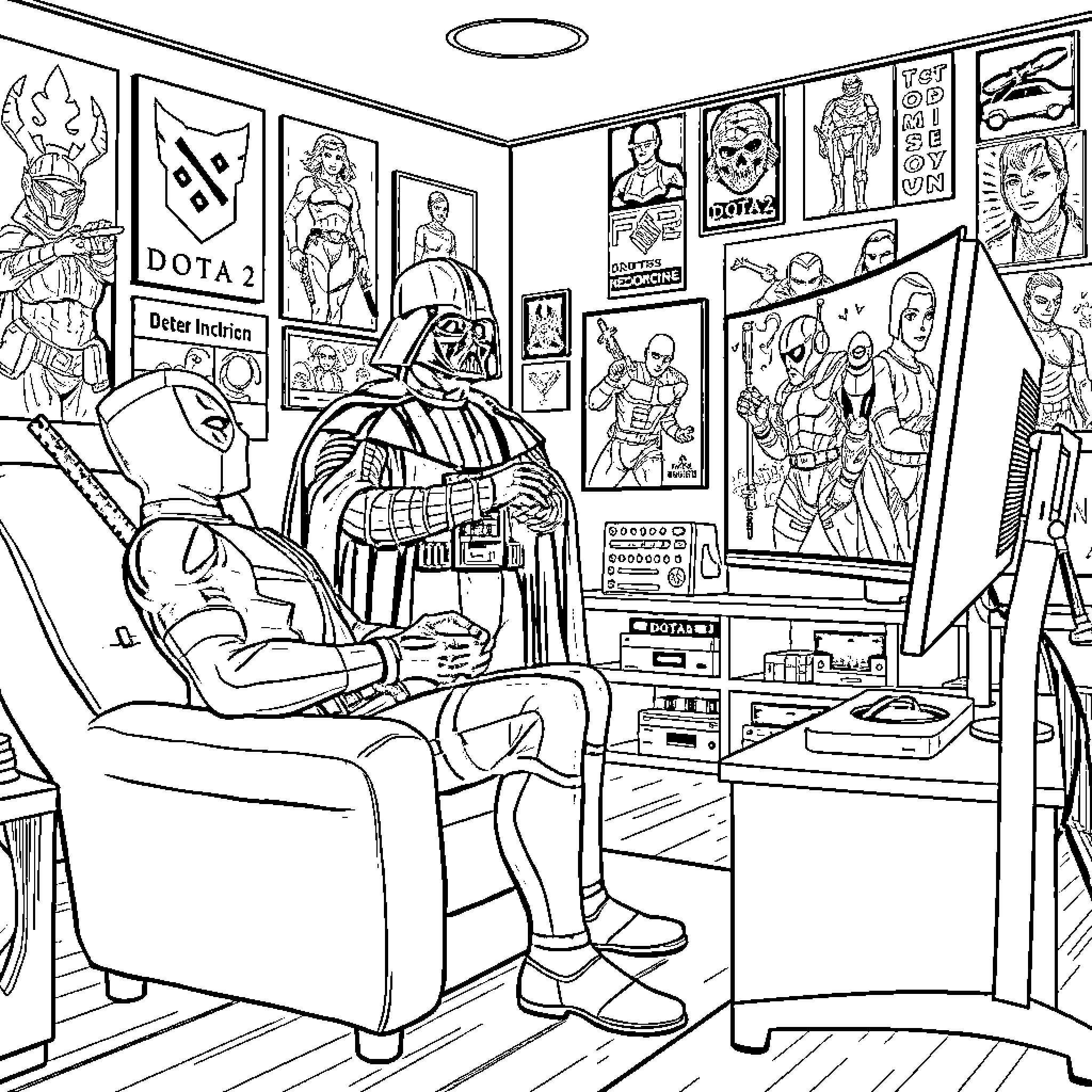 Deadpool relaxing and gaming in his geeky workspace Coloring Page (free black-and-white line drawing printable PDF for all, from beginners to advanced learners, including children, teens, adults, and seniors)