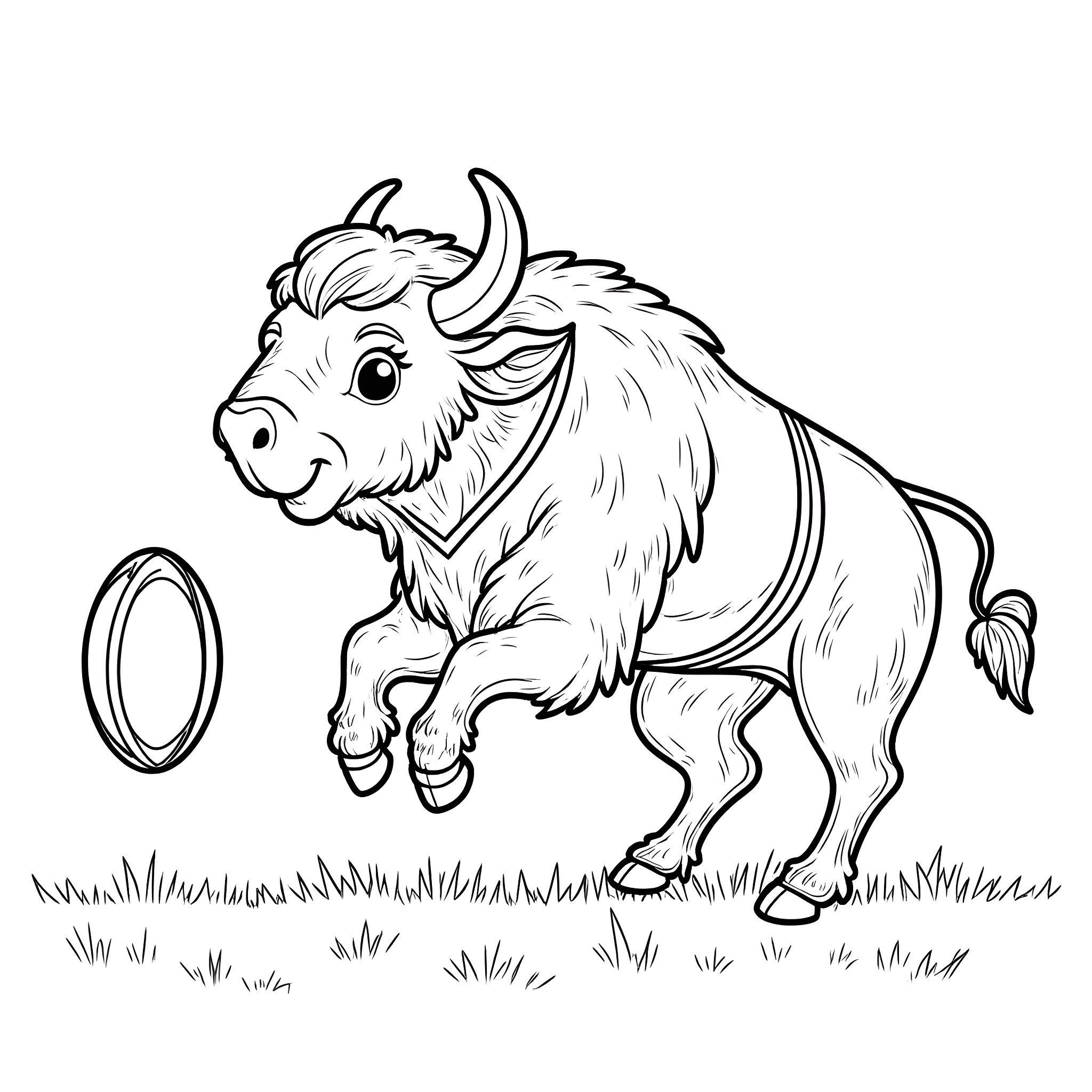 Buffalo playing with toy ring in the field Coloring Page (free black-and-white line drawing printable PDF for all, from beginners to advanced learners, including children, teens, adults, and seniors)