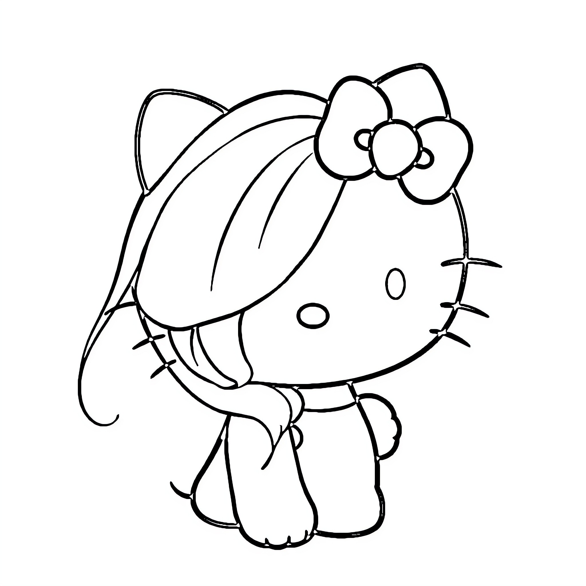 Hello Kitty waving with a flower Coloring Page (free black-and-white line drawing printable PDF for all, from beginners to advanced learners, including children, teens, adults, and seniors)