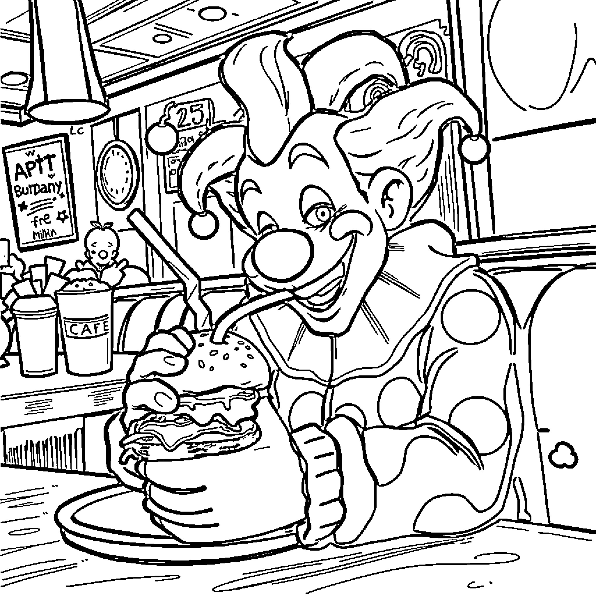 Clown enjoying a delicious burger in a cafe Coloring Page (free black-and-white line drawing printable PDF for all, from beginners to advanced learners, including children, teens, adults, and seniors)