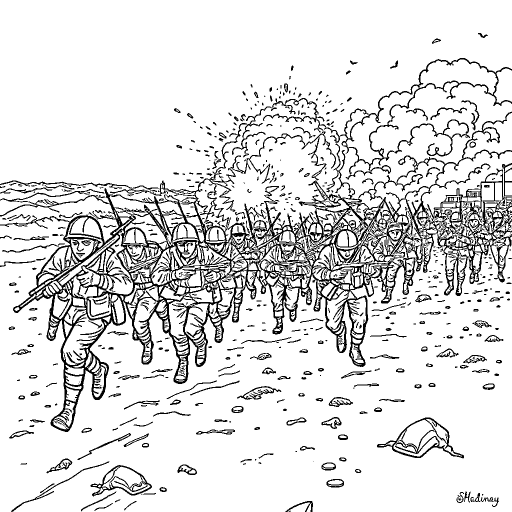Soldier squad marching into battle with explosions Coloring Page (free black-and-white line drawing printable PDF for all, from beginners to advanced learners, including children, teens, adults, and seniors)