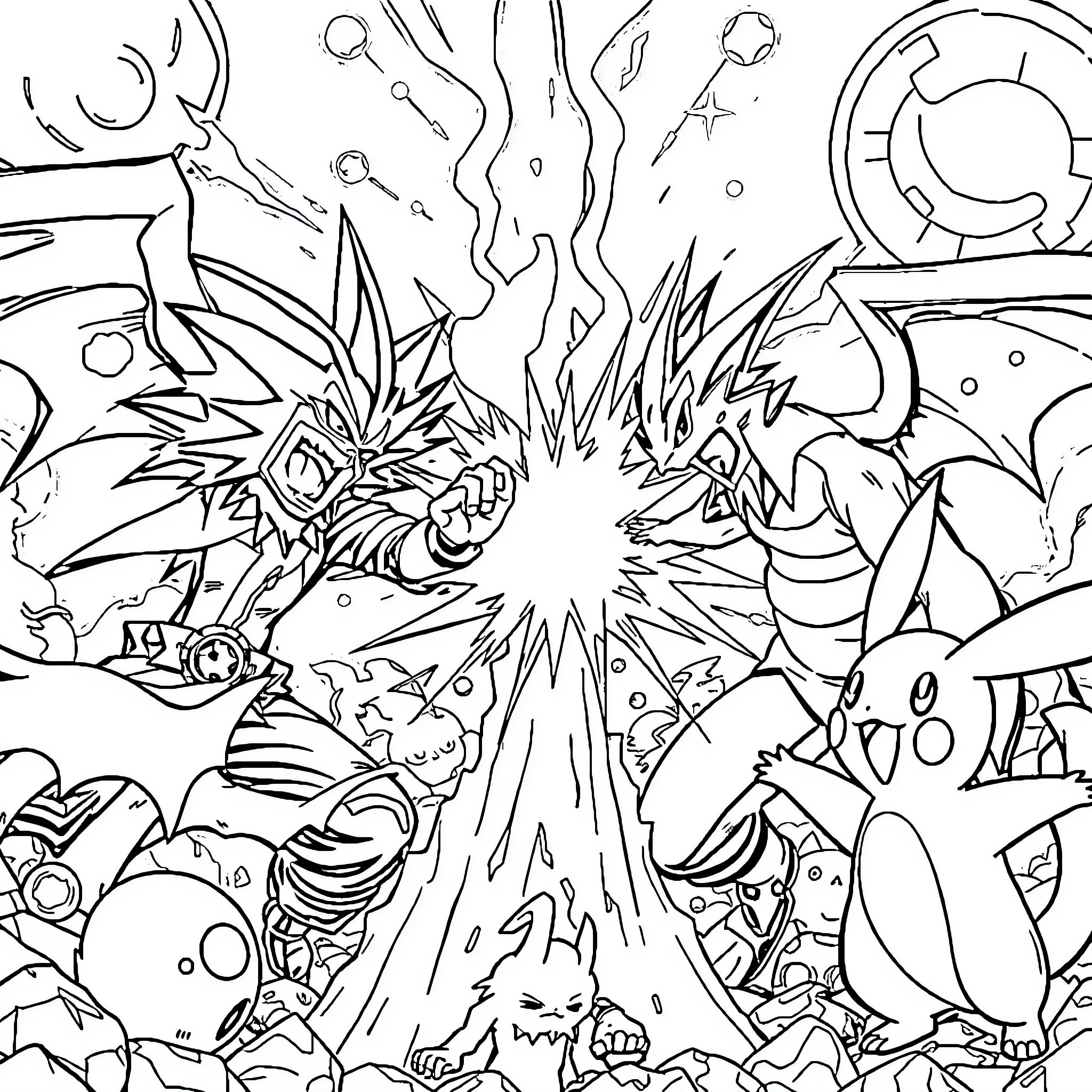 Yugio: Epic Clash of Legendary Monsters Coloring Page (free black-and-white line drawing printable PDF for all, from beginners to advanced learners, including children, teens, adults, and seniors)