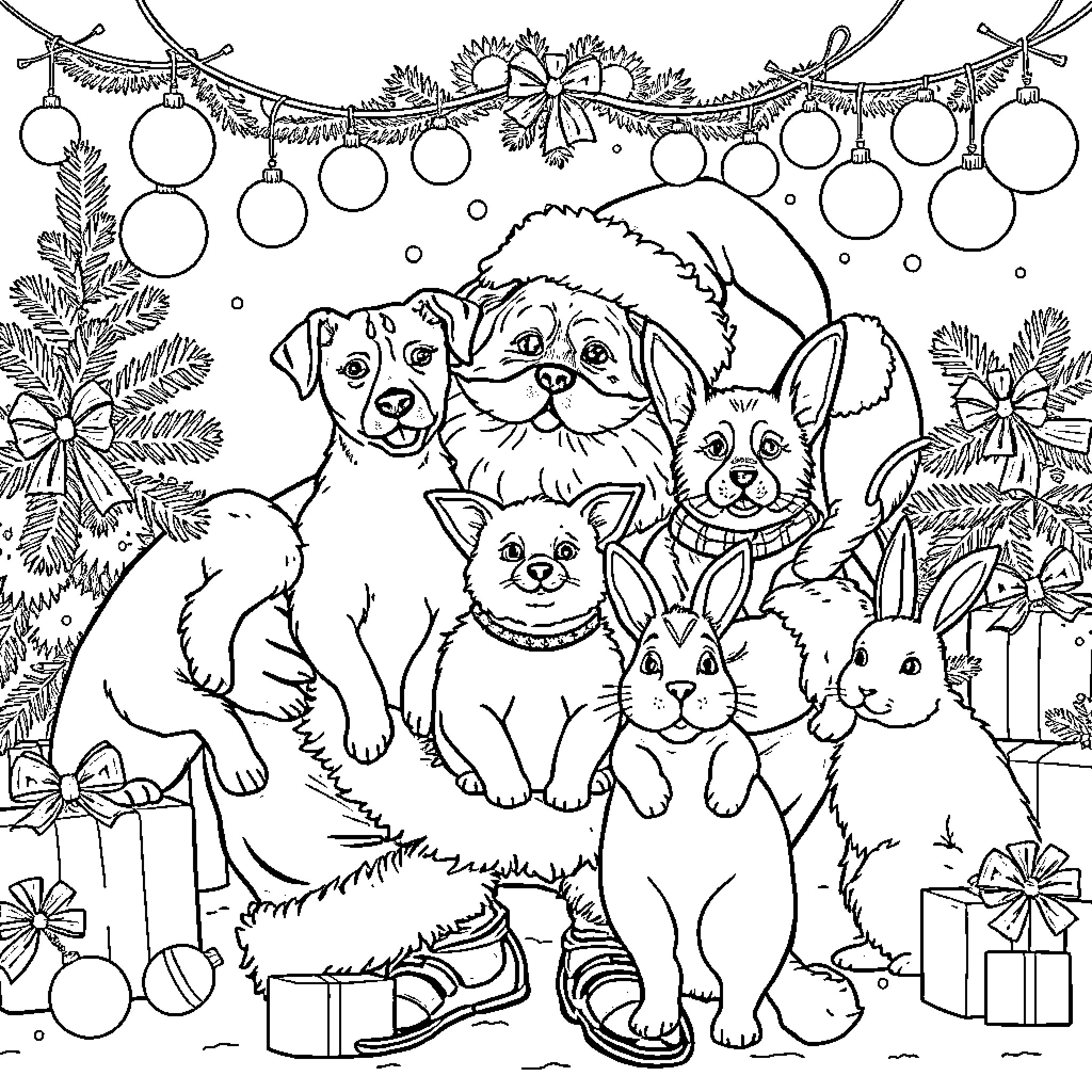 Santa's furry animal friends in holiday scene Coloring Page (free black-and-white line drawing printable PDF for all, from beginners to advanced learners, including children, teens, adults, and seniors)