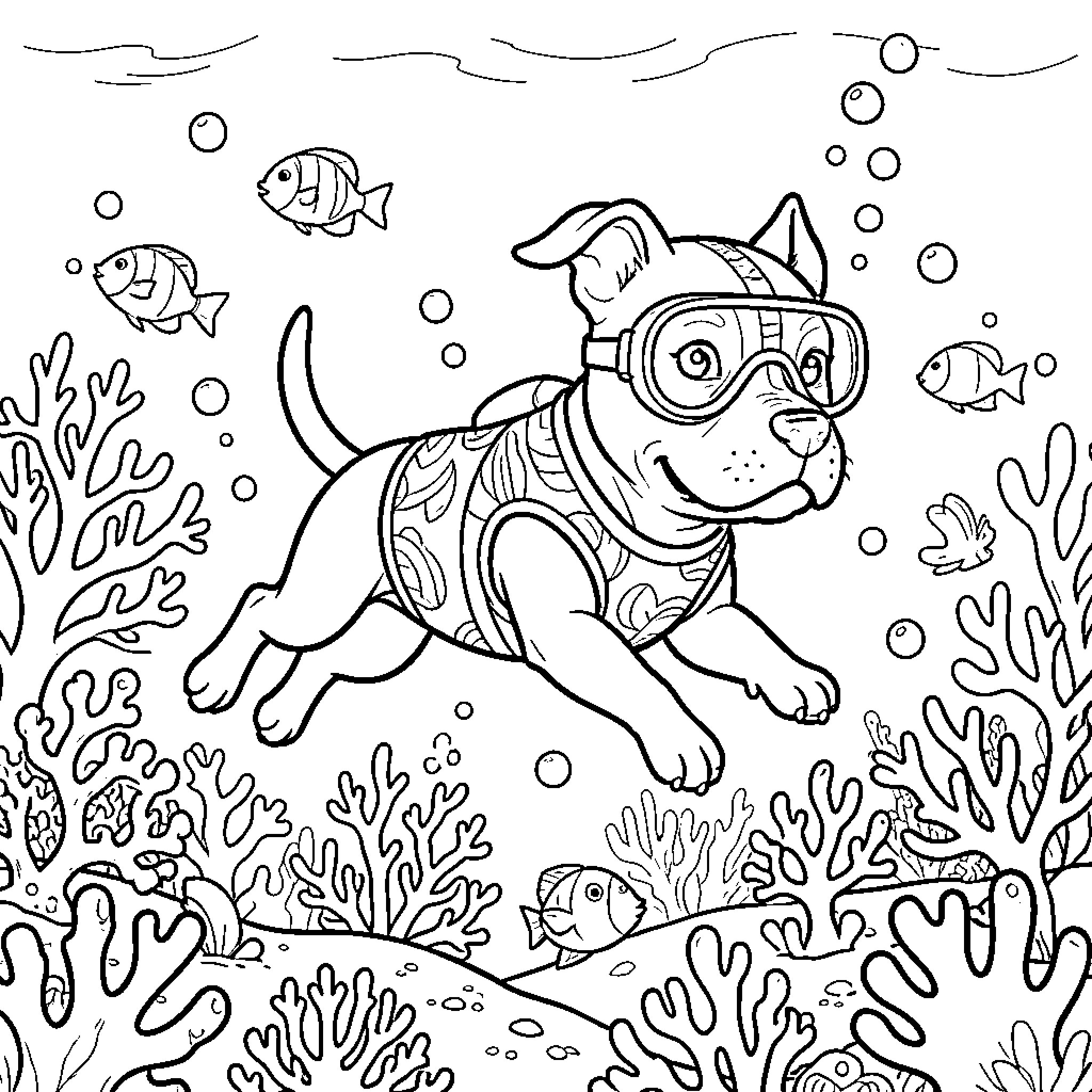 Pit Bull Exploring Underwater Coral Reef Coloring Page (free black-and-white line drawing printable PDF for all, from beginners to advanced learners, including children, teens, adults, and seniors)