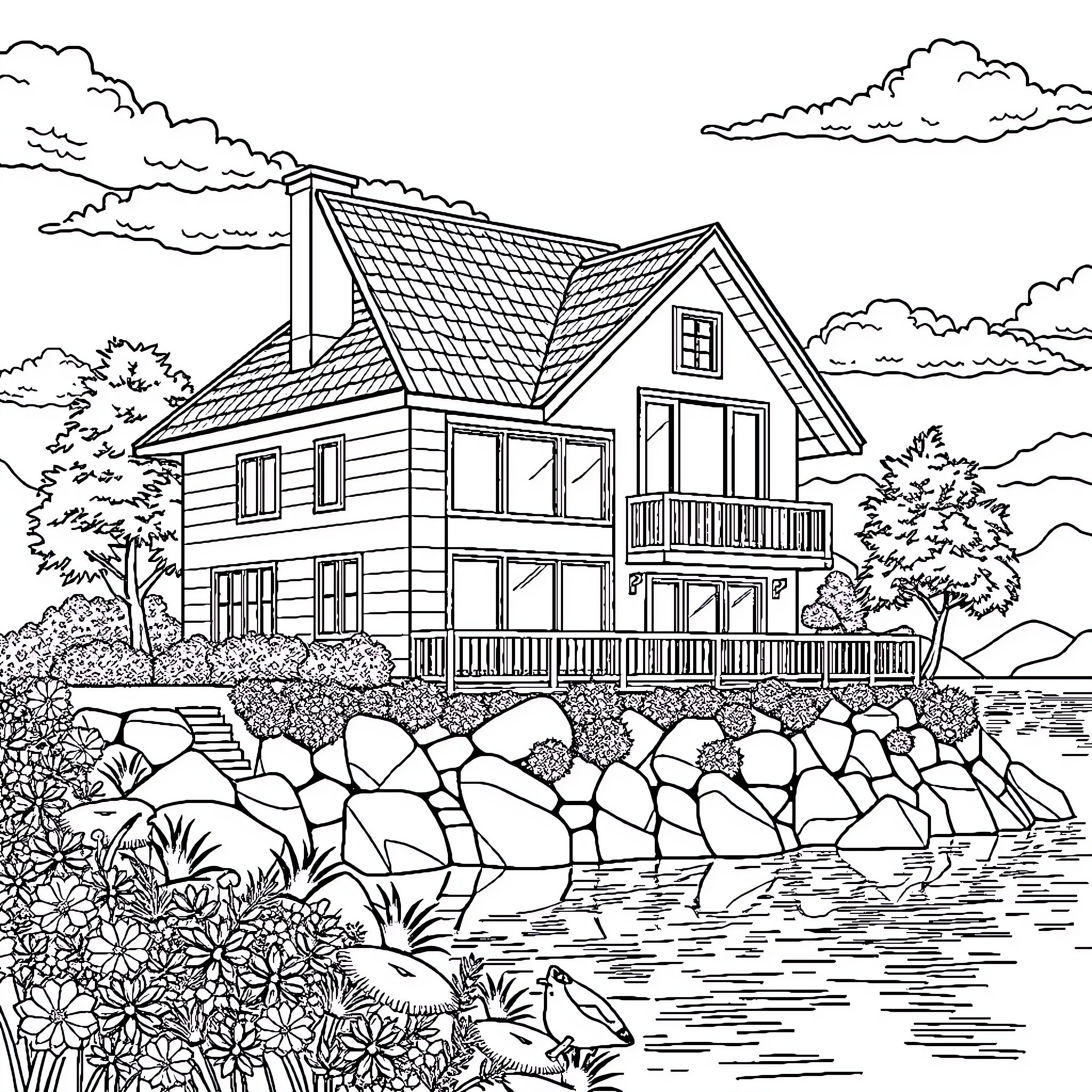House with porch overlooking a lake Coloring Page (free black-and-white line drawing printable PDF for all, from beginners to advanced learners, including children, teens, adults, and seniors)