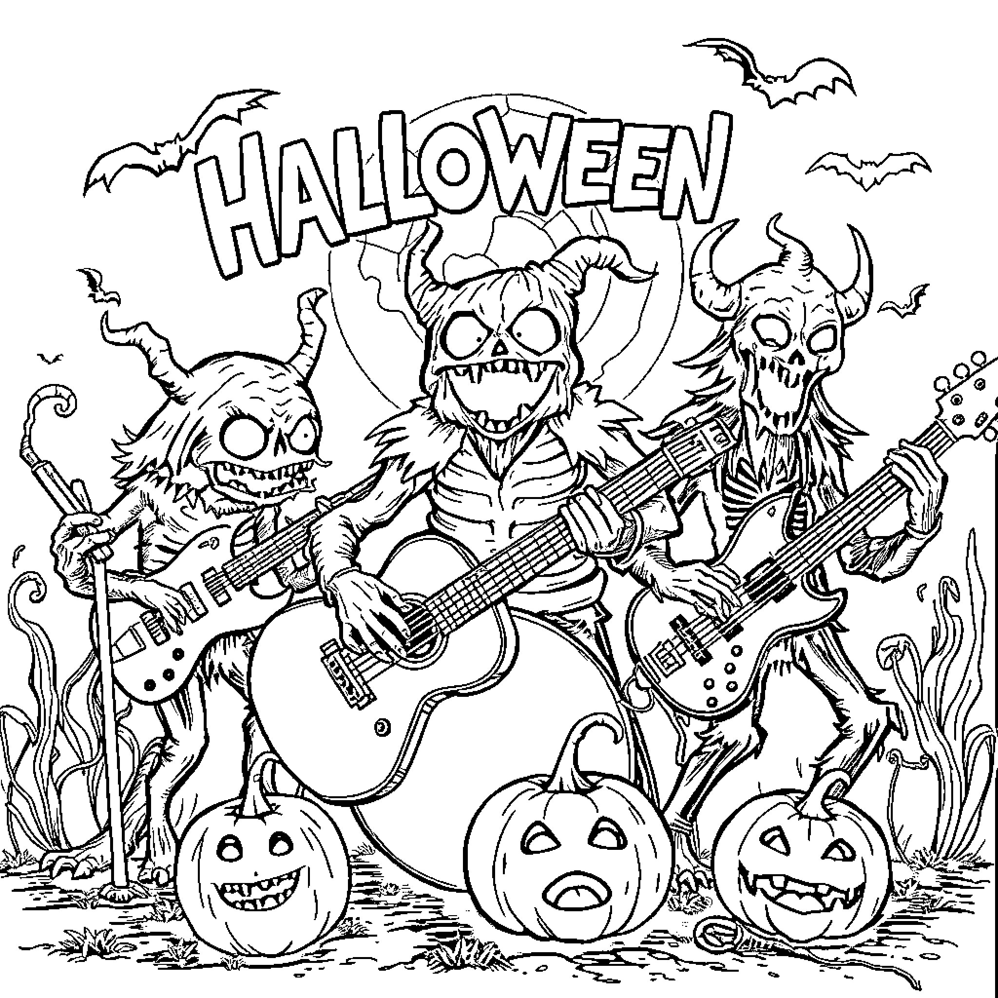 Monster Musicians Rocking the Halloween Night Coloring Page (free black-and-white line drawing printable PDF for all, from beginners to advanced learners, including children, teens, adults, and seniors)