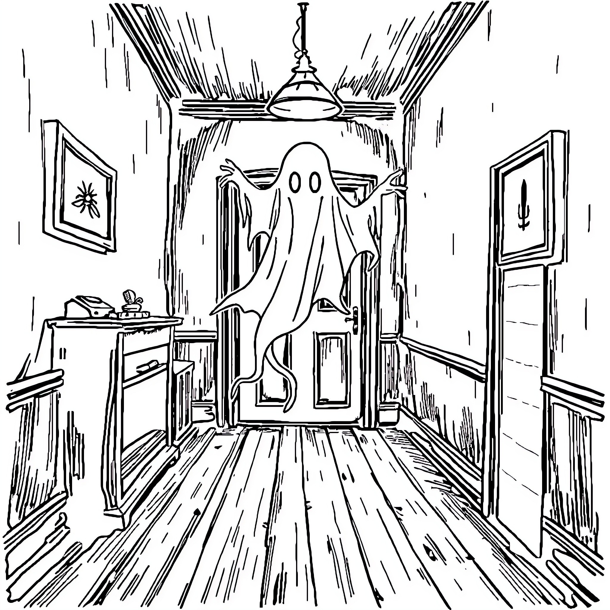 Ghost haunting a spooky room Coloring Page (free black-and-white line drawing printable PDF for all, from beginners to advanced learners, including children, teens, adults, and seniors)