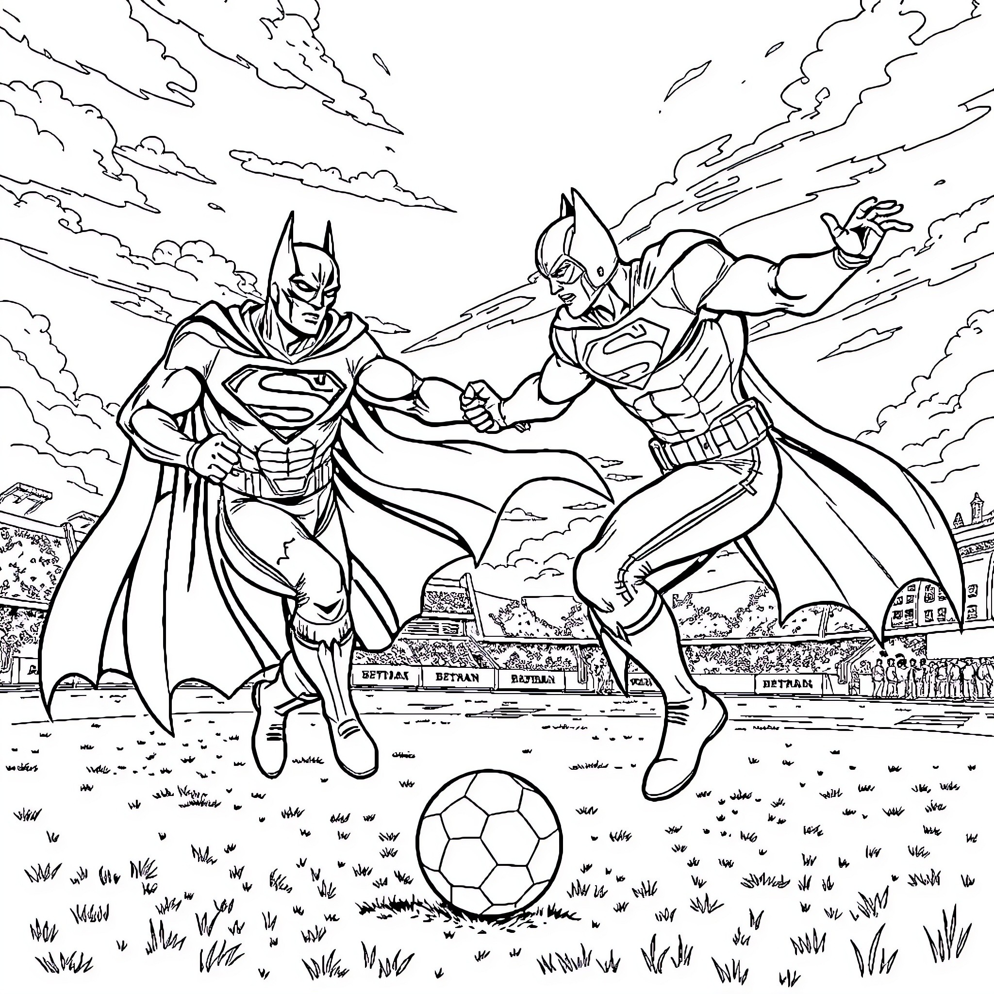 Superman and Batman Battling on the Field Coloring Page (free black-and-white line drawing printable PDF for all, from beginners to advanced learners, including children, teens, adults, and seniors)