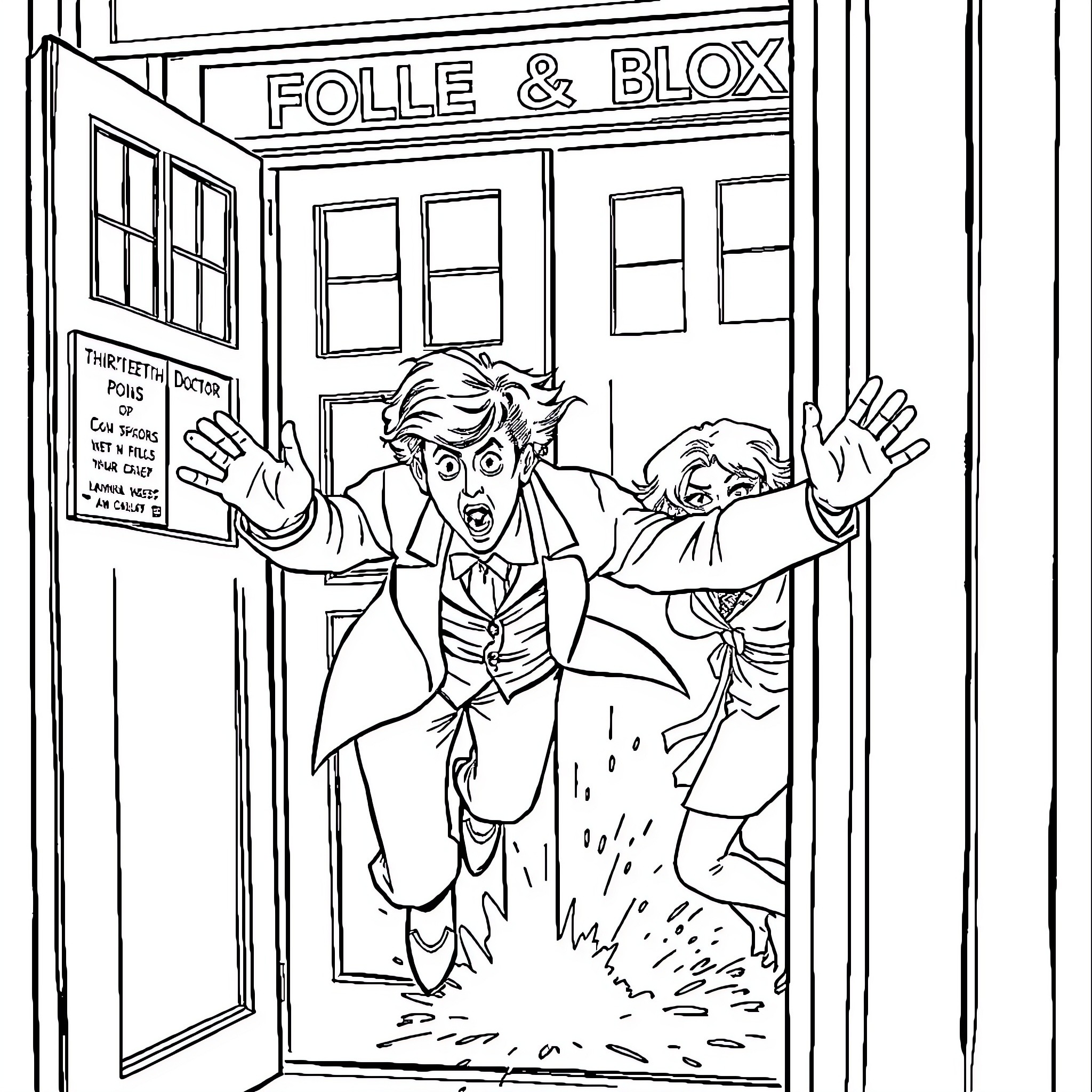Doctor Rushing Out of Store in Panic Coloring Page (free black-and-white line drawing printable PDF for all, from beginners to advanced learners, including children, teens, adults, and seniors)