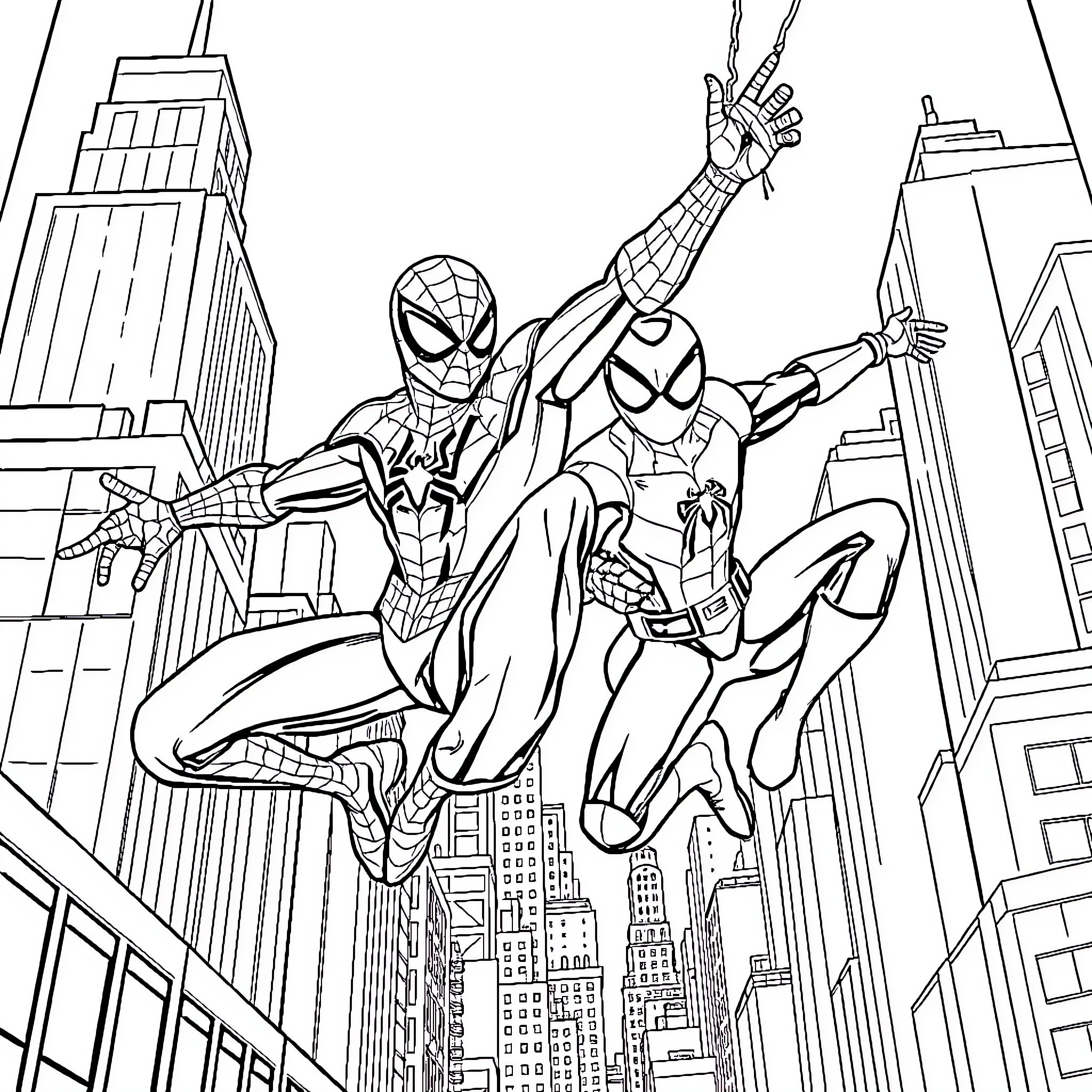 Spider-Man heroes swinging through the city skyline Coloring Page (free black-and-white line drawing printable PDF for all, from beginners to advanced learners, including children, teens, adults, and seniors)