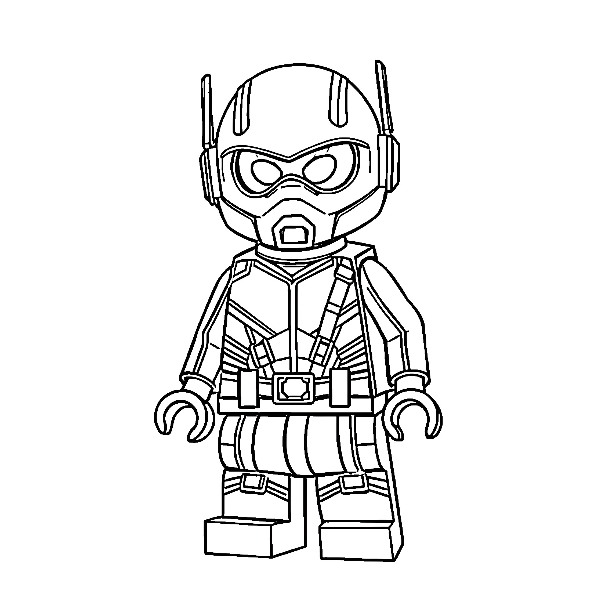 Ant-Man in heroic stance with gadgets Coloring Page (free black-and-white line drawing printable PDF for all, from beginners to advanced learners, including children, teens, adults, and seniors)