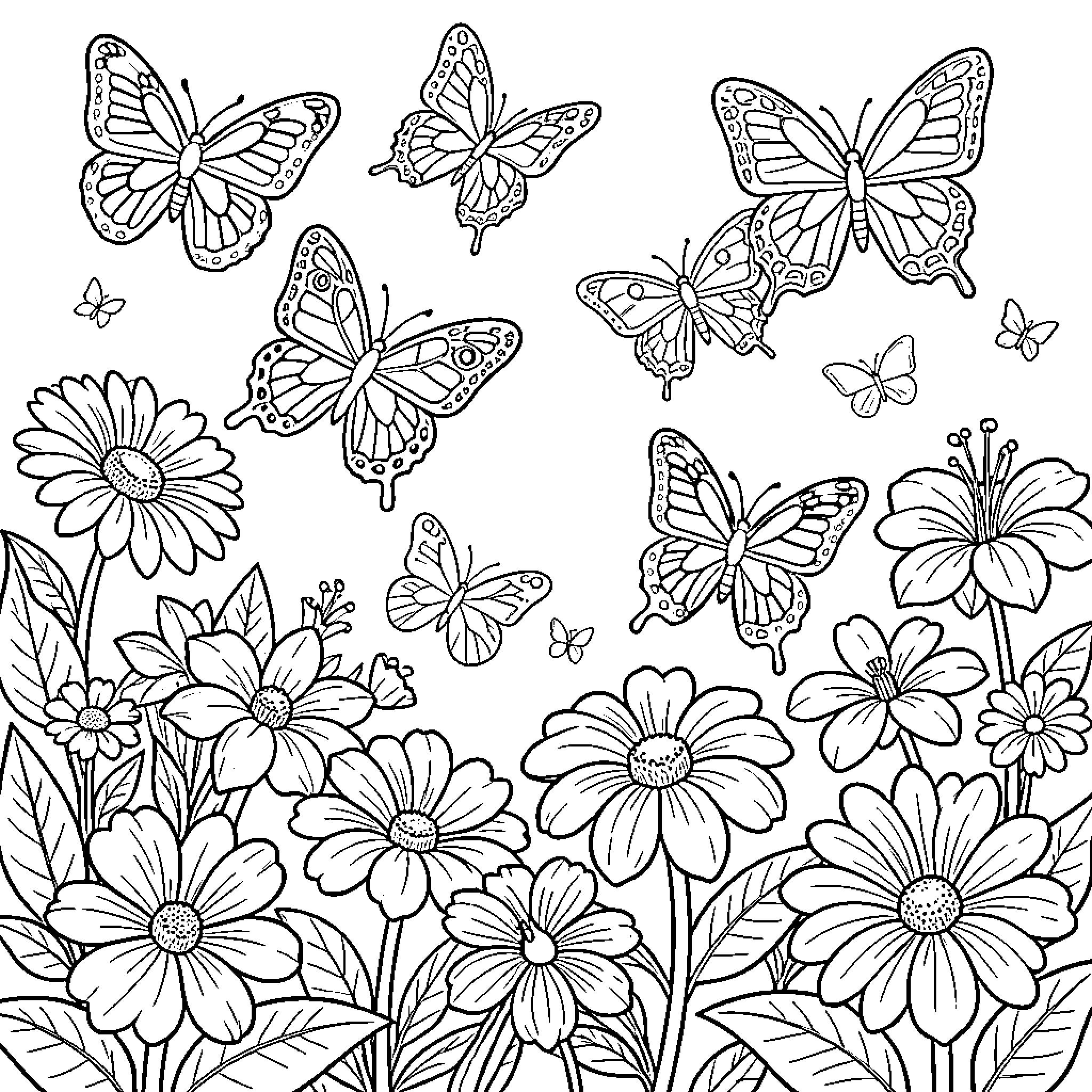 Butterfly Garden with Flowers and Butterflies Coloring Page (free black-and-white line drawing printable PDF for all, from beginners to advanced learners, including children, teens, adults, and seniors)