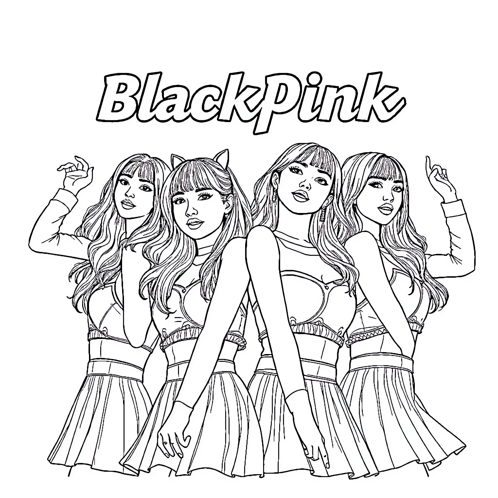 Blackpink Posing Stylishly in Matching Outfits Coloring Page (free black-and-white line drawing printable PDF for all, from beginners to advanced learners, including children, teens, adults, and seniors)