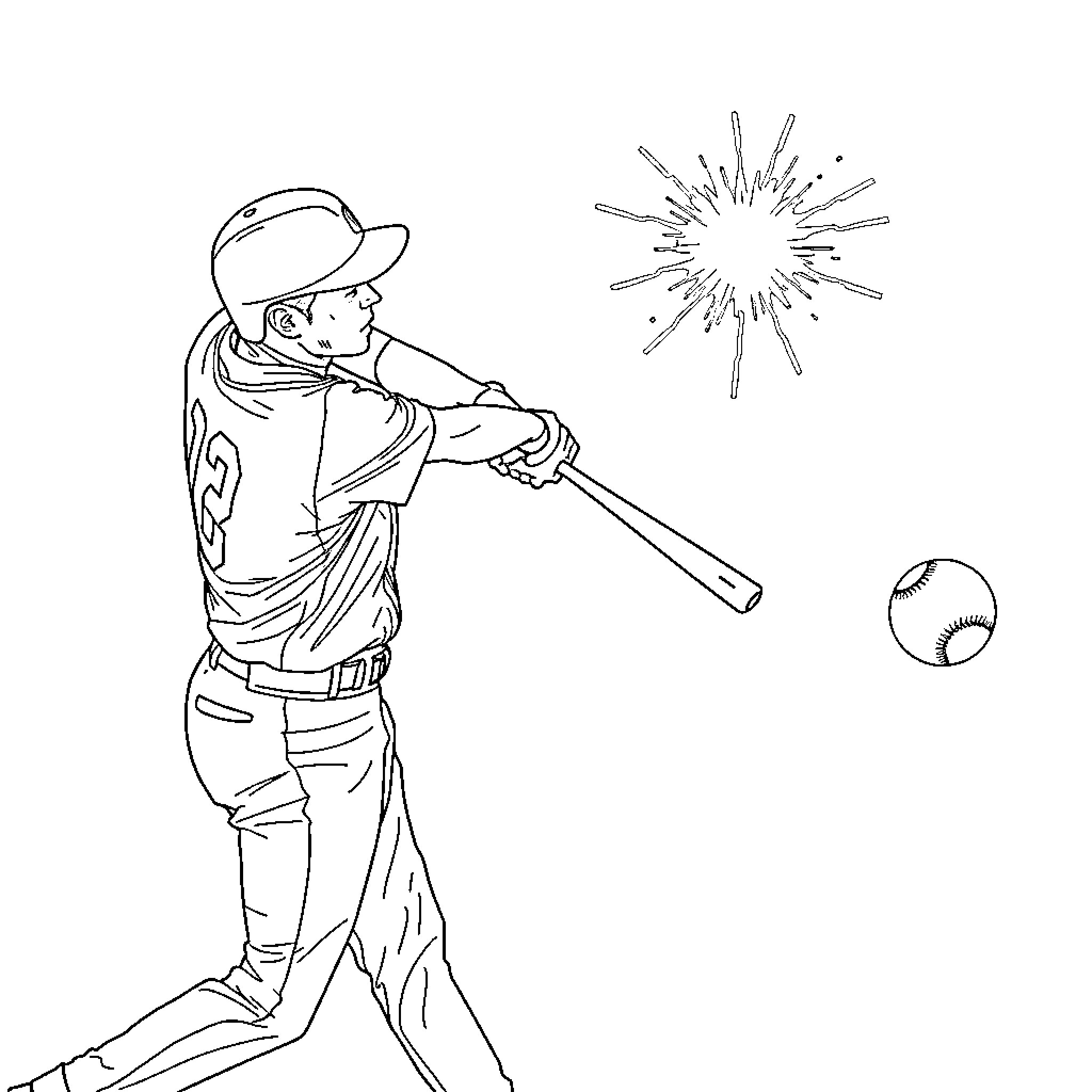 Shohei Ohtani hitting a baseball with power Coloring Page (free black-and-white line drawing printable PDF for all, from beginners to advanced learners, including children, teens, adults, and seniors)