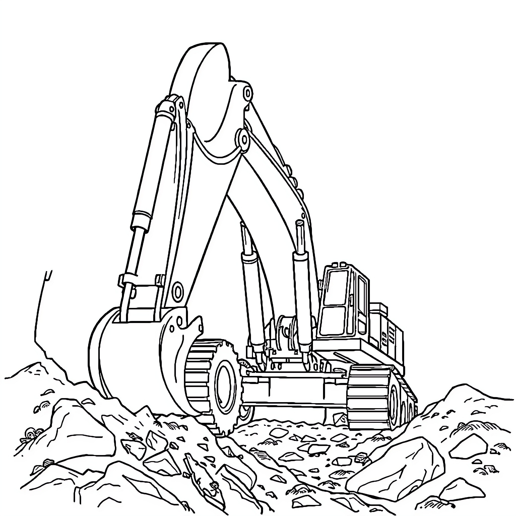 Excavator at work on rocky terrain Coloring Page (free black-and-white line drawing printable PDF for all, from beginners to advanced learners, including children, teens, adults, and seniors)