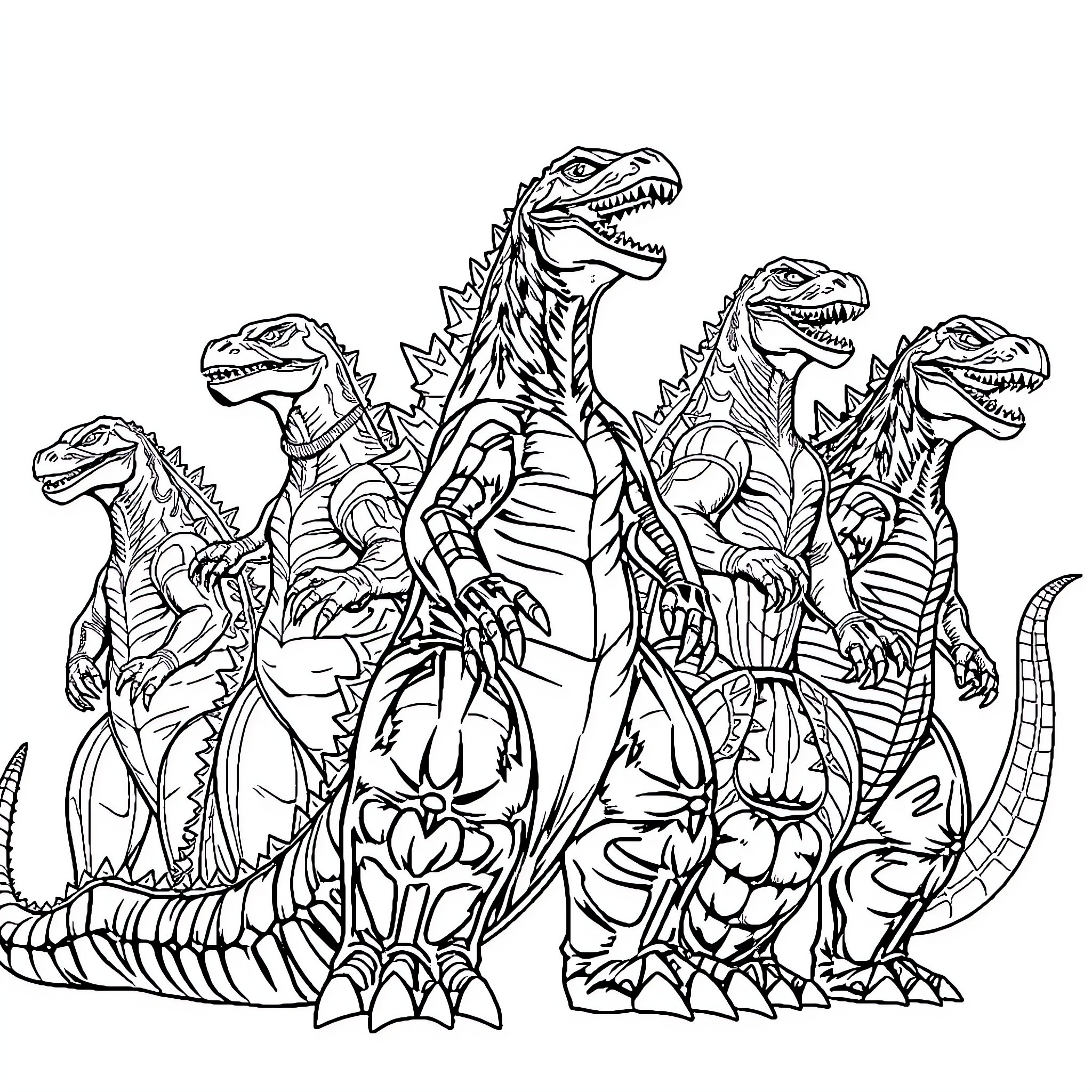 Godzilla and his Monstrous Companions Coloring Page (free black-and-white line drawing printable PDF for all, from beginners to advanced learners, including children, teens, adults, and seniors)