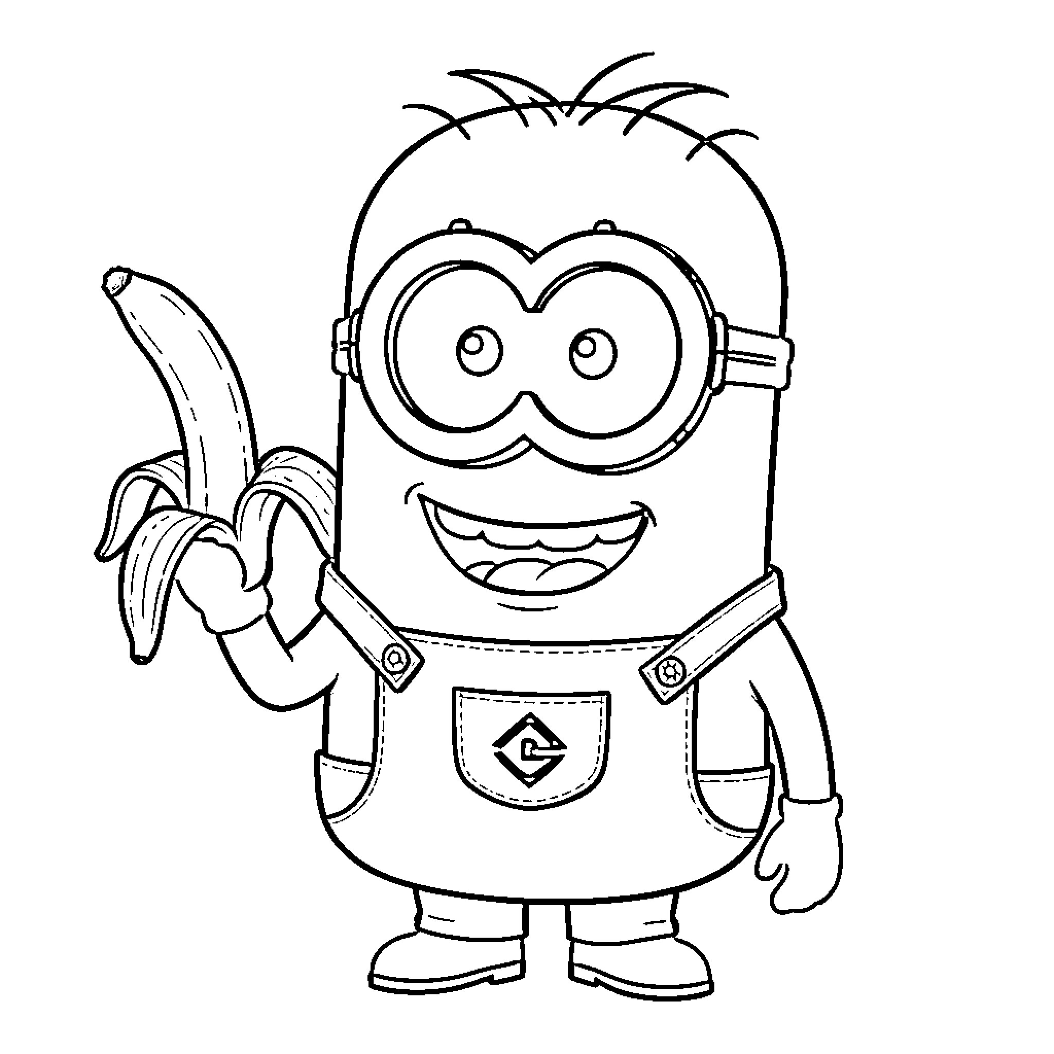 Minion smiling while holding a peeled banana Coloring Page (free black-and-white line drawing printable PDF for all, from beginners to advanced learners, including children, teens, adults, and seniors)