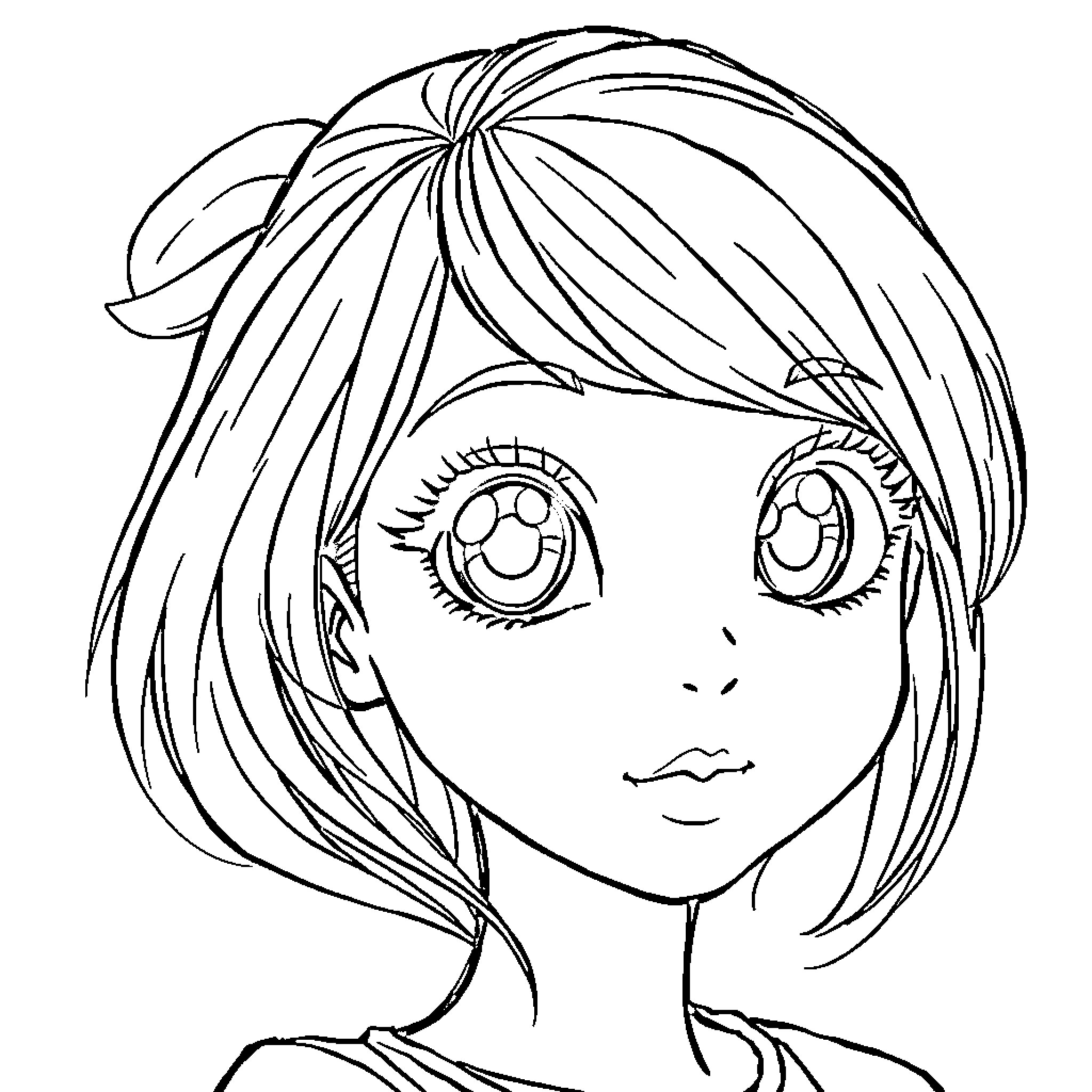 Anime Girl with Expressive Eyes Coloring Page (free black-and-white line drawing printable PDF for all, from beginners to advanced learners, including children, teens, adults, and seniors)