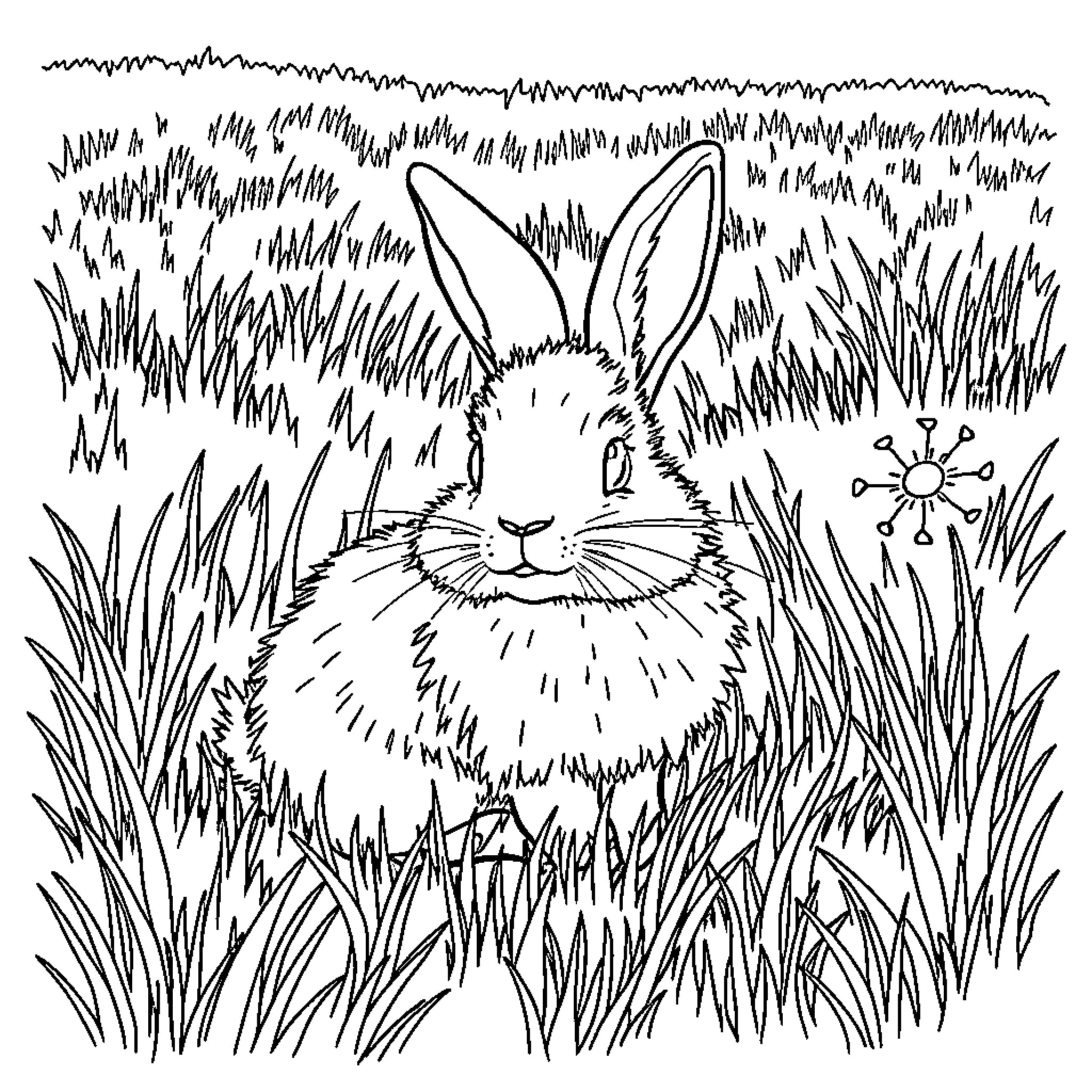 Rabbit peeking through tall grass in the meadow Coloring Page (free black-and-white line drawing printable PDF for all, from beginners to advanced learners, including children, teens, adults, and seniors)