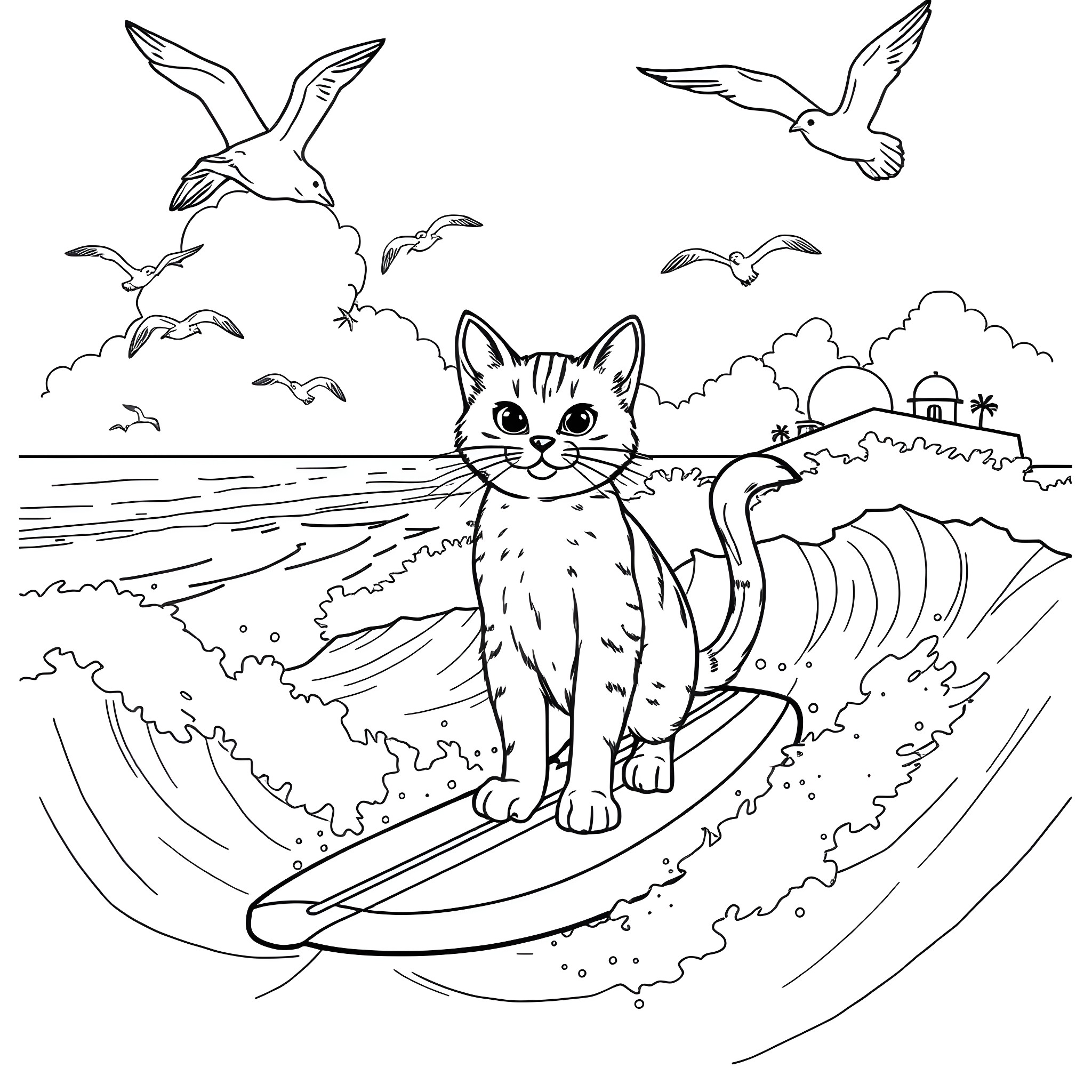 Cat surfing with seagulls on the beach Coloring Page (free black-and-white line drawing printable PDF for all, from beginners to advanced learners, including children, teens, adults, and seniors)