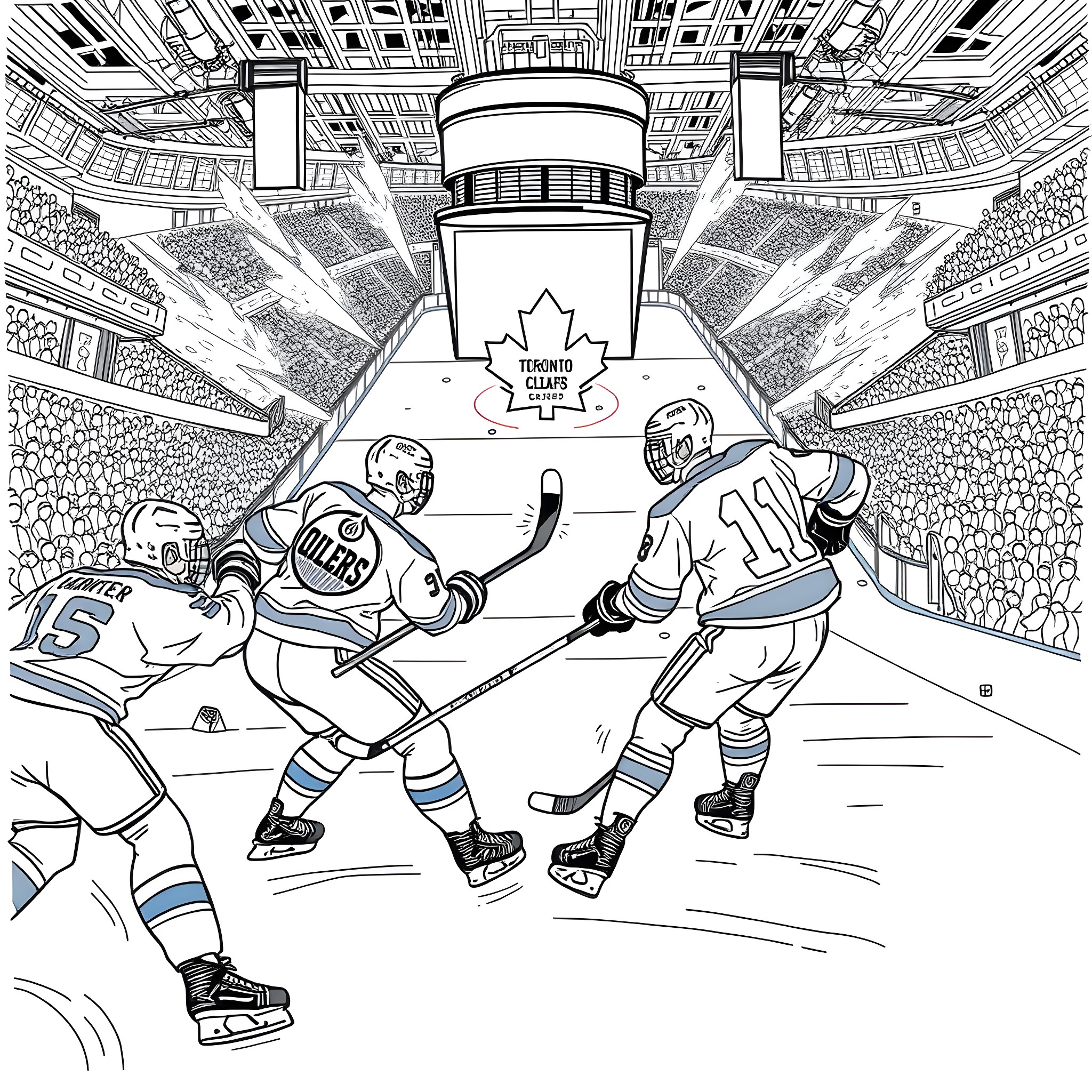 Hockey players in intense action on the ice rink Coloring Page (free black-and-white line drawing printable PDF for all, from beginners to advanced learners, including children, teens, adults, and seniors)