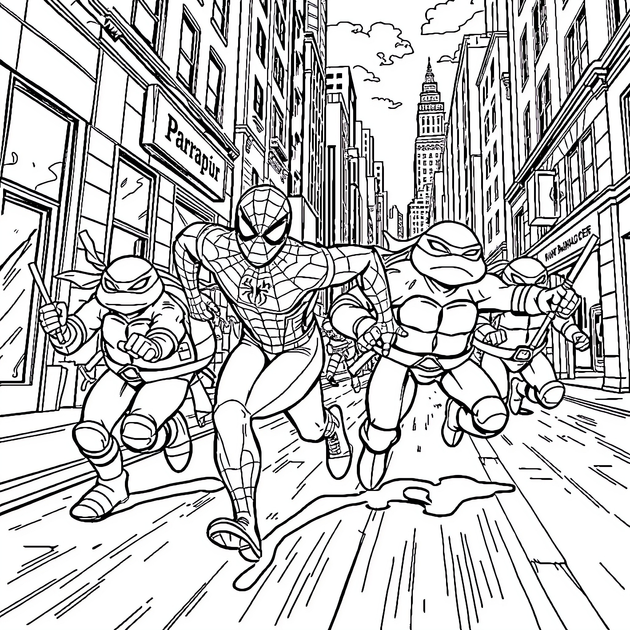 Spiderman and Teenage Mutant Ninja Turtles in Action Coloring Page (free black-and-white line drawing printable PDF for all, from beginners to advanced learners, including children, teens, adults, and seniors)