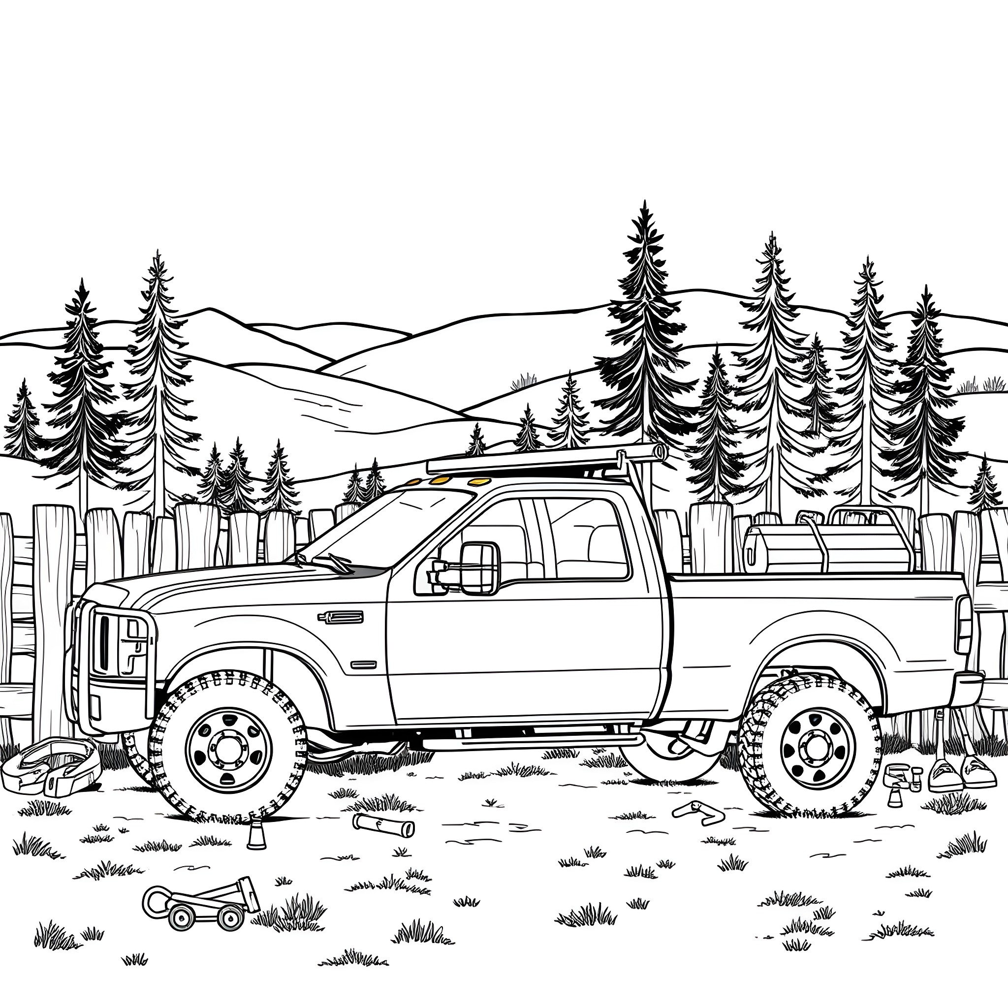 Truck carrying gear in the wilderness Coloring Page (free black-and-white line drawing printable PDF for all, from beginners to advanced learners, including children, teens, adults, and seniors)