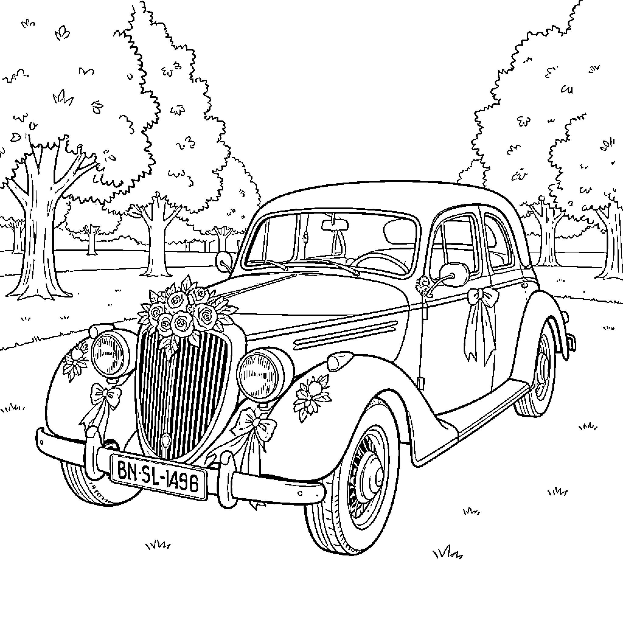 Wedding Car with Flowers Parked in Scenic Landscape Coloring Page (free black-and-white line drawing printable PDF for all, from beginners to advanced learners, including children, teens, adults, and seniors)